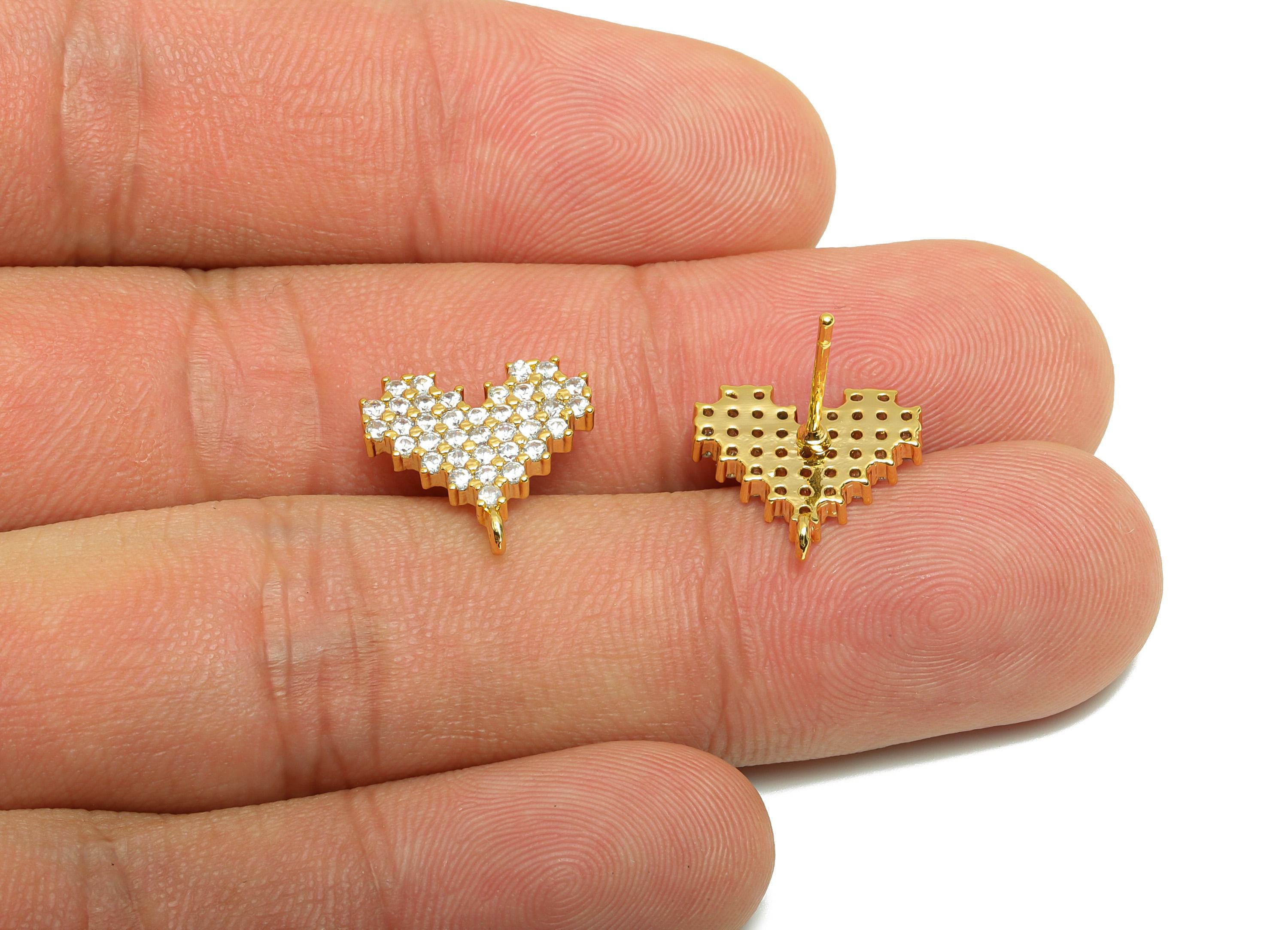 Brass Mosaic Heart Earring - Gold Zircon Earring Post for Women - Heart Valentine's Day Ear - 18K Real Gold Plated - 14.5x13.5x2mm - RGP8839 - DOMEDBAZAAR