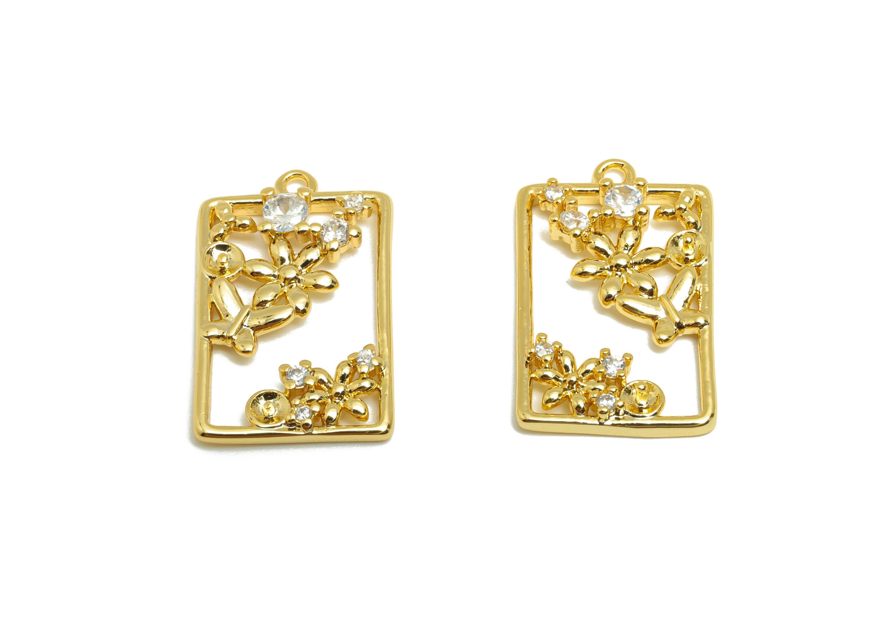 Brass Rectangle Charm - Gold Garden Earring Charm for Necklace - Zircon Hollow Pendant - 18K Real Gold Plating - 21x13.3x3.2mm- RGP8842 - DOMEDBAZAAR