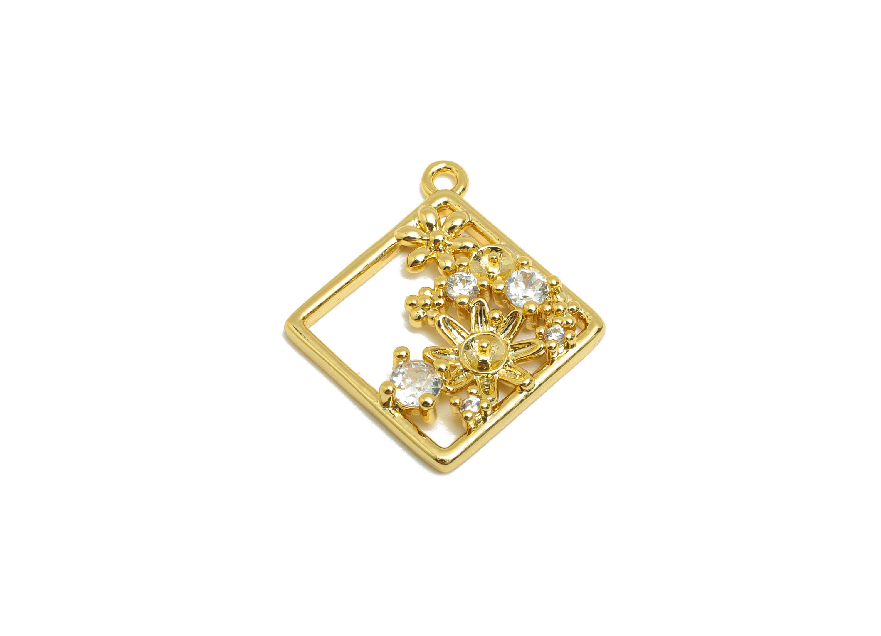 Brass Square Garden Charm - Gold Flower Earring Charm for Necklace - Zircon Hollow Pendant - 18K Real Gold Plating - 21x18.7x2.9mm - RGP8843 - DOMEDBAZAAR
