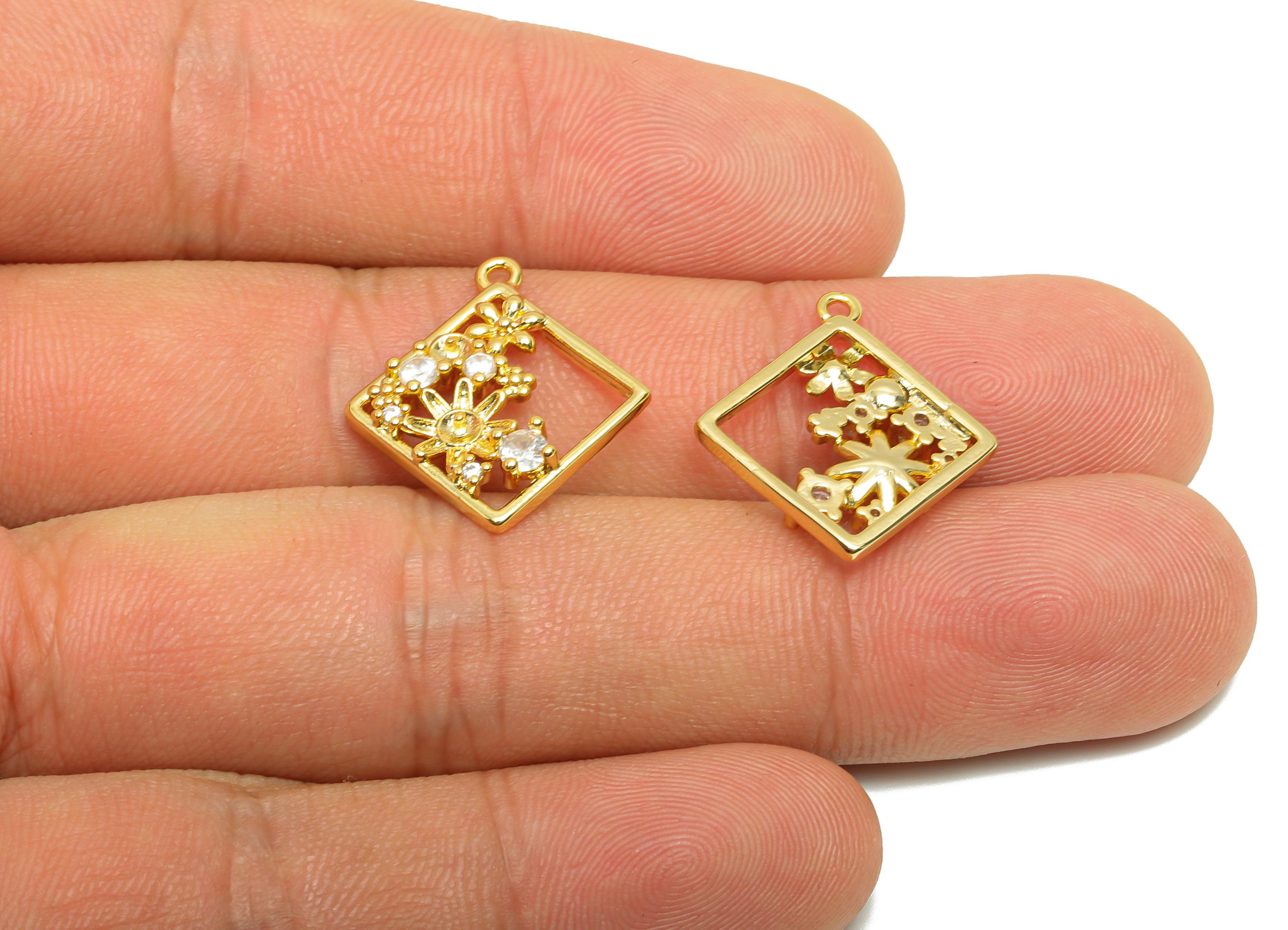 Brass Square Garden Charm - Gold Flower Earring Charm for Necklace - Zircon Hollow Pendant - 18K Real Gold Plating - 21x18.7x2.9mm - RGP8843 - DOMEDBAZAAR