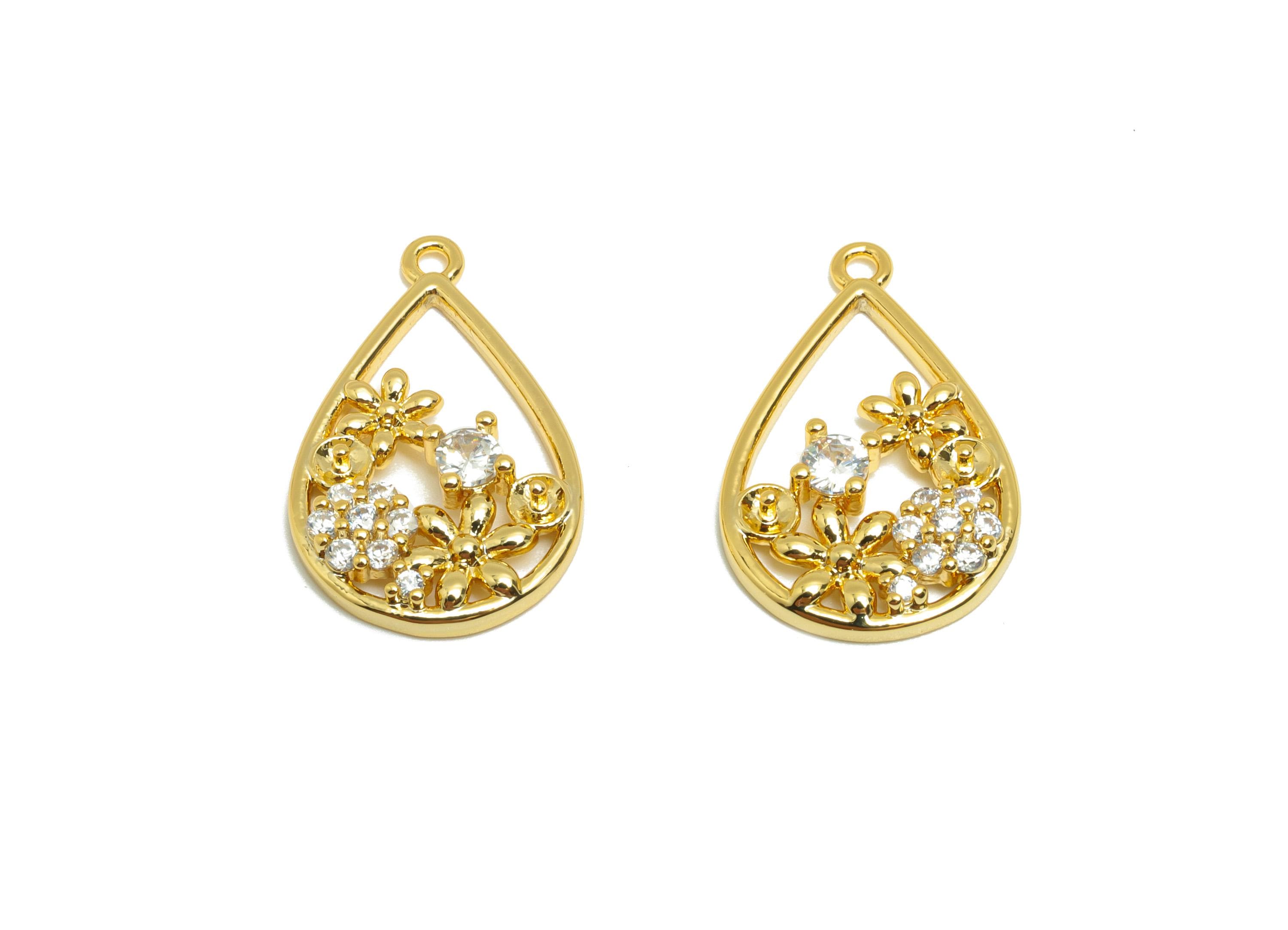Brass Teardrop Garden Charm - Gold Flower Earring Charm for Necklace - Zircon Hollow Pendant - 18K Real Gold Plating -21.1x13.5x3mm- RGP8844 - DOMEDBAZAAR