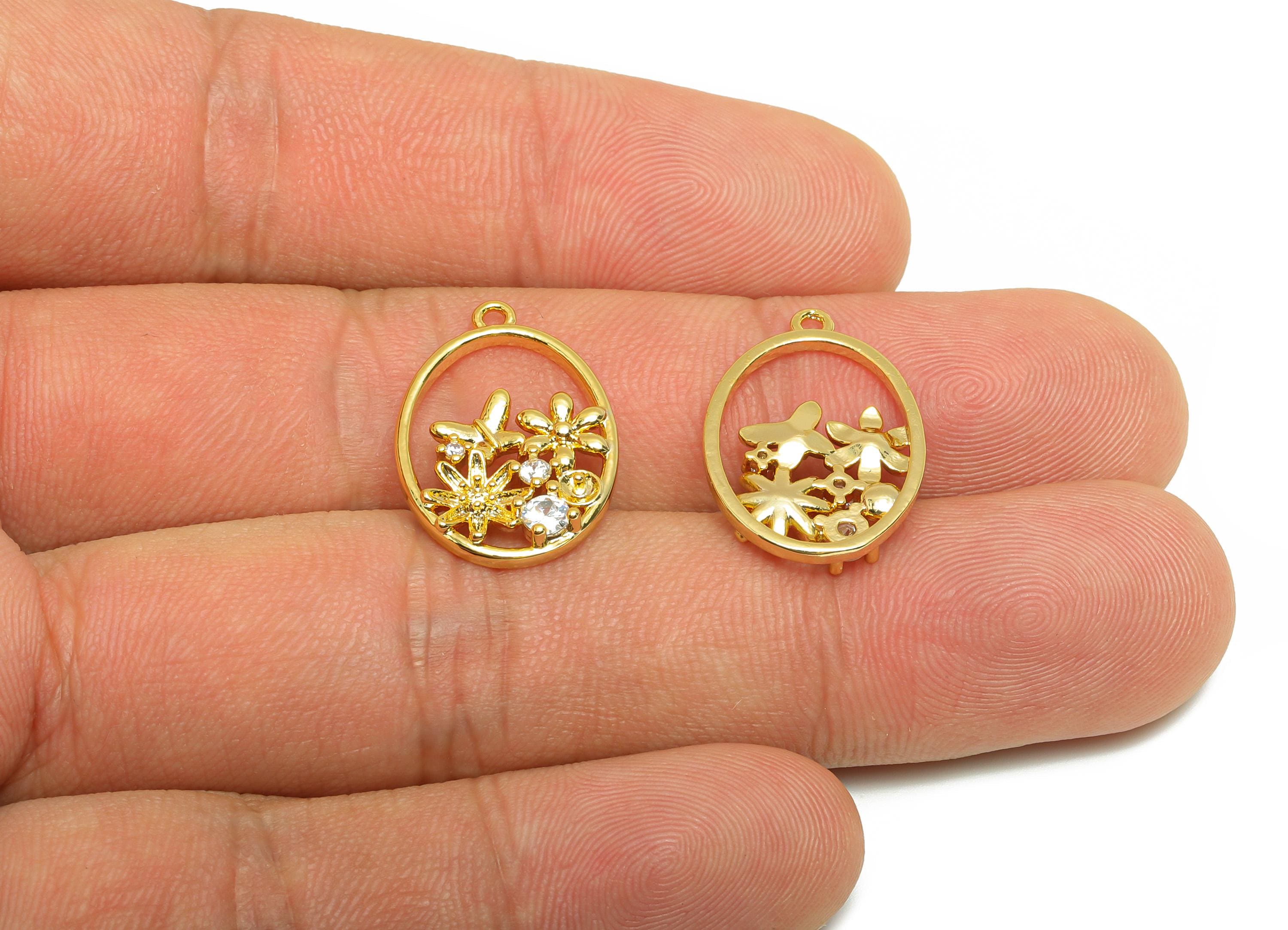 Brass Oval Garden Charm - Gold Flower Earring Charm for Necklace - Zircon Hollow Pendant - 18K Real Gold Plating - 20.8x14.5x2.63mm- RGP8845 - DOMEDBAZAAR