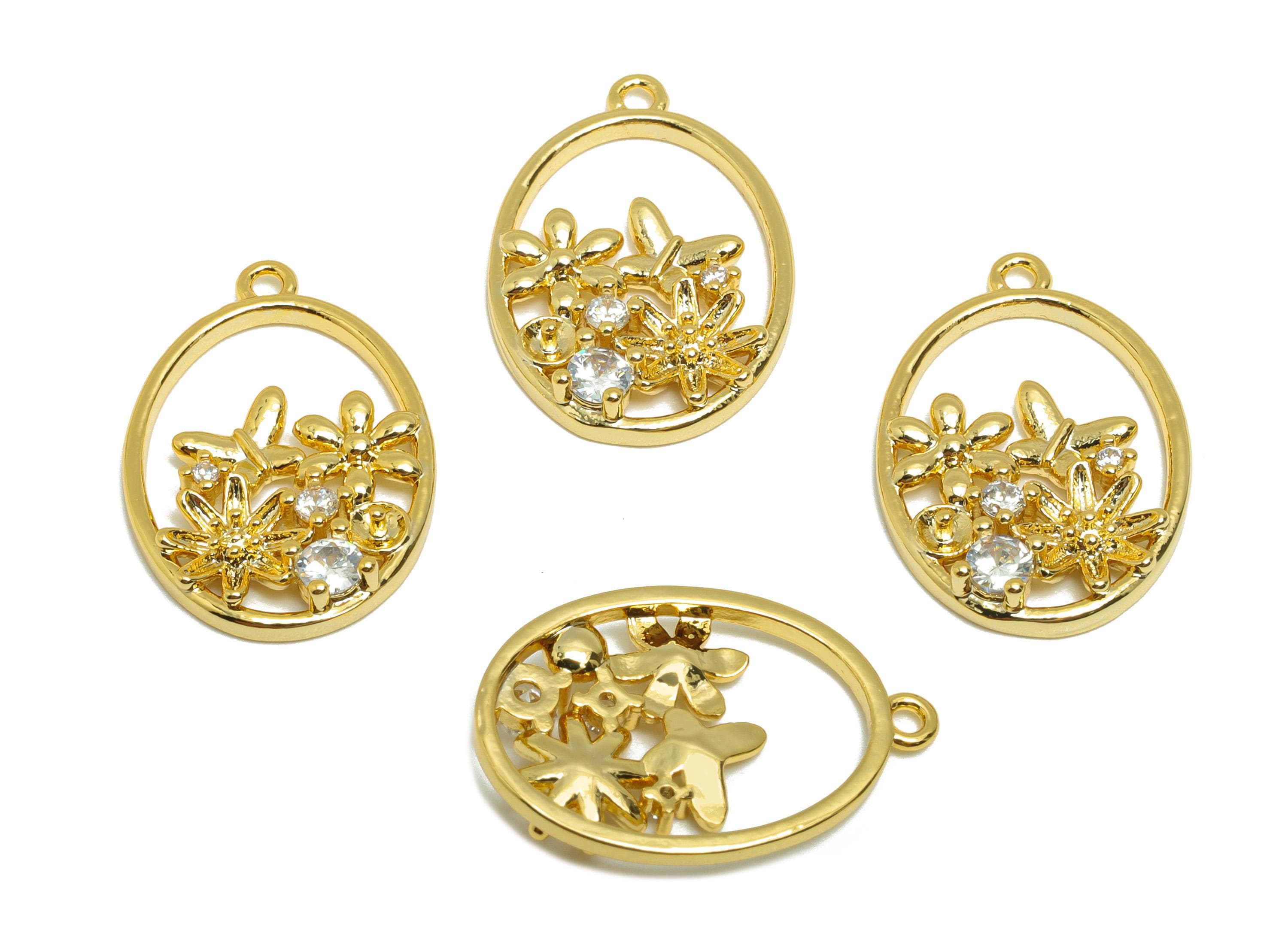 Brass Oval Garden Charm - Gold Flower Earring Charm for Necklace - Zircon Hollow Pendant - 18K Real Gold Plating - 20.8x14.5x2.63mm- RGP8845 - DOMEDBAZAAR