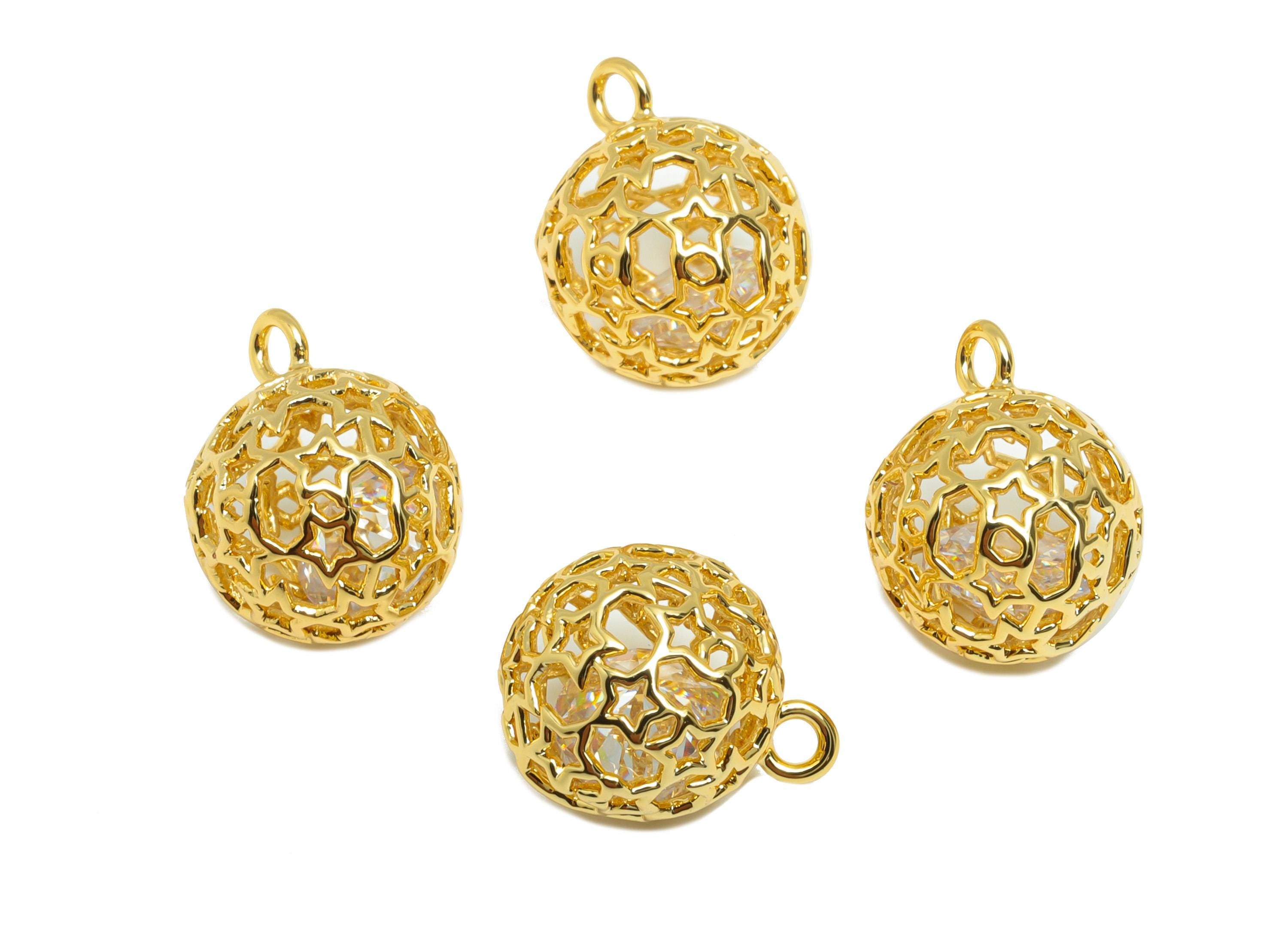 Brass Ball Earring Charm - Gold Round Hollow Charm for Bracelet - Zircon Pendant with Loop - 18K Real Gold Plating - 12.7x11x11mm - RGP8849 - DOMEDBAZAAR