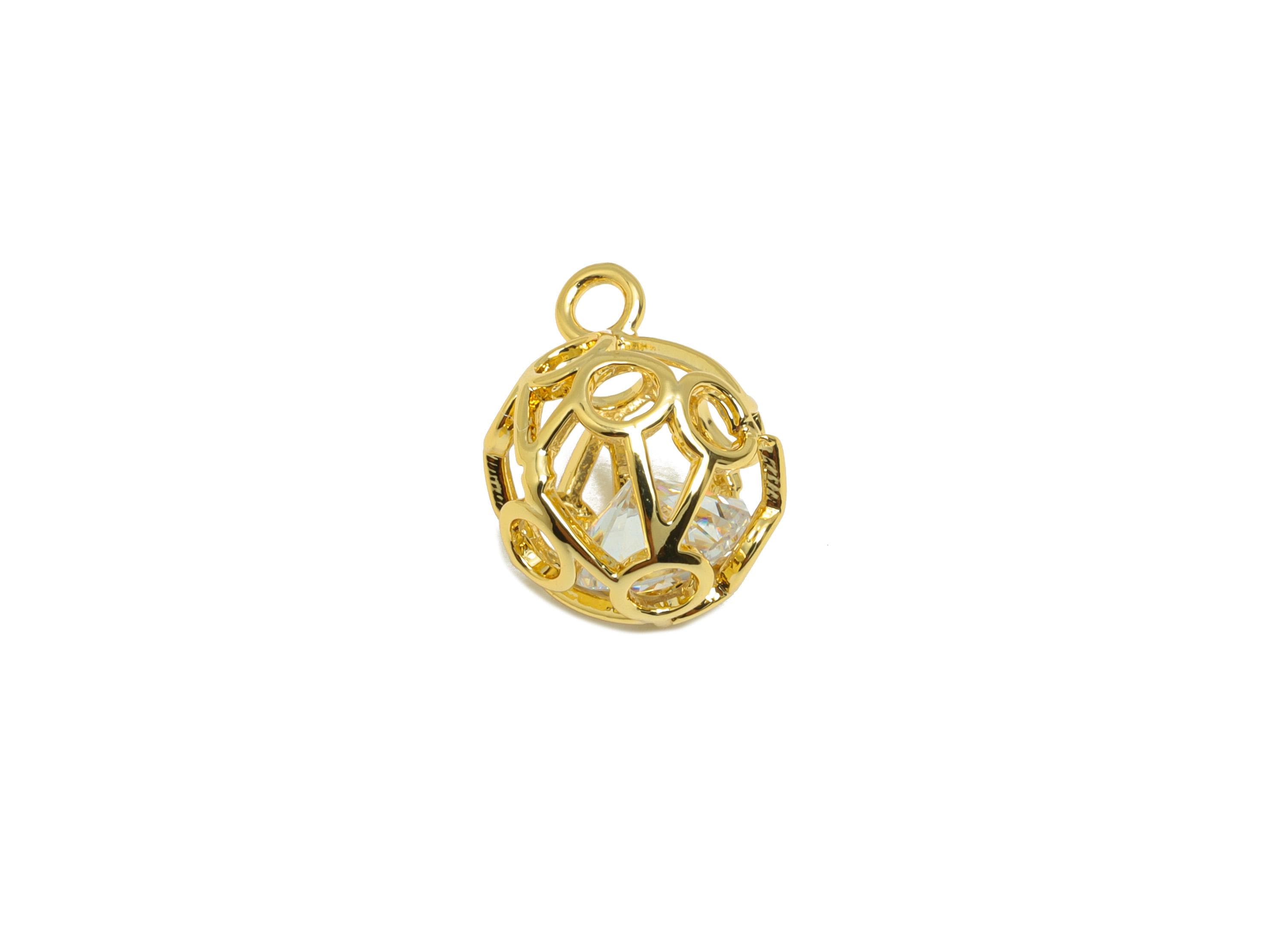 Brass Ball Earring Charm - Gold Round Hollow Charm for Bracelet - Zircon Pendant with Loop - 18K Real Gold Plating - 12.2x10x10mm - RGP8855 - DOMEDBAZAAR