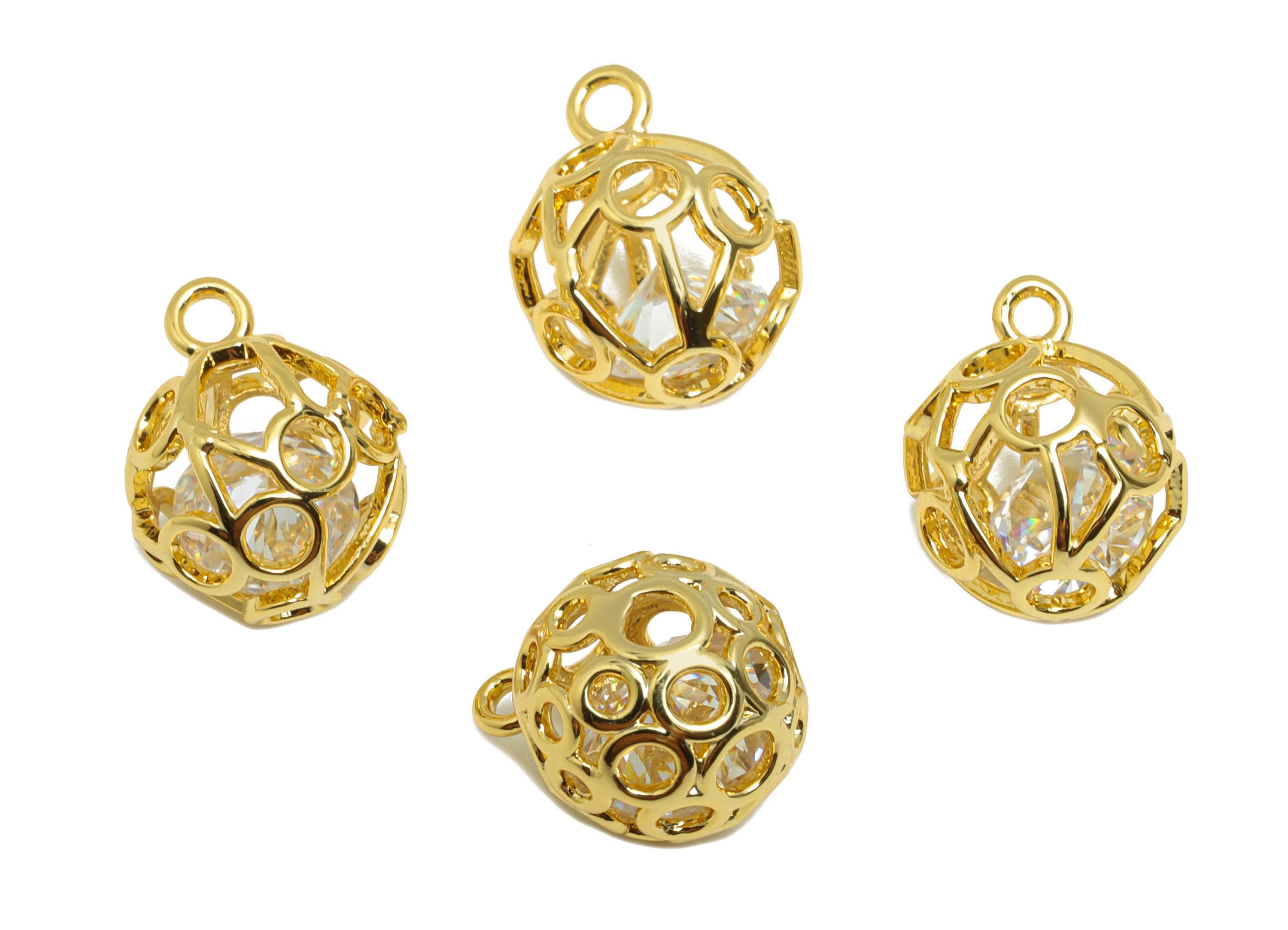 Brass Ball Earring Charm - Gold Round Hollow Charm for Bracelet - Zircon Pendant with Loop - 18K Real Gold Plating - 12.2x10x10mm - RGP8855 - DOMEDBAZAAR