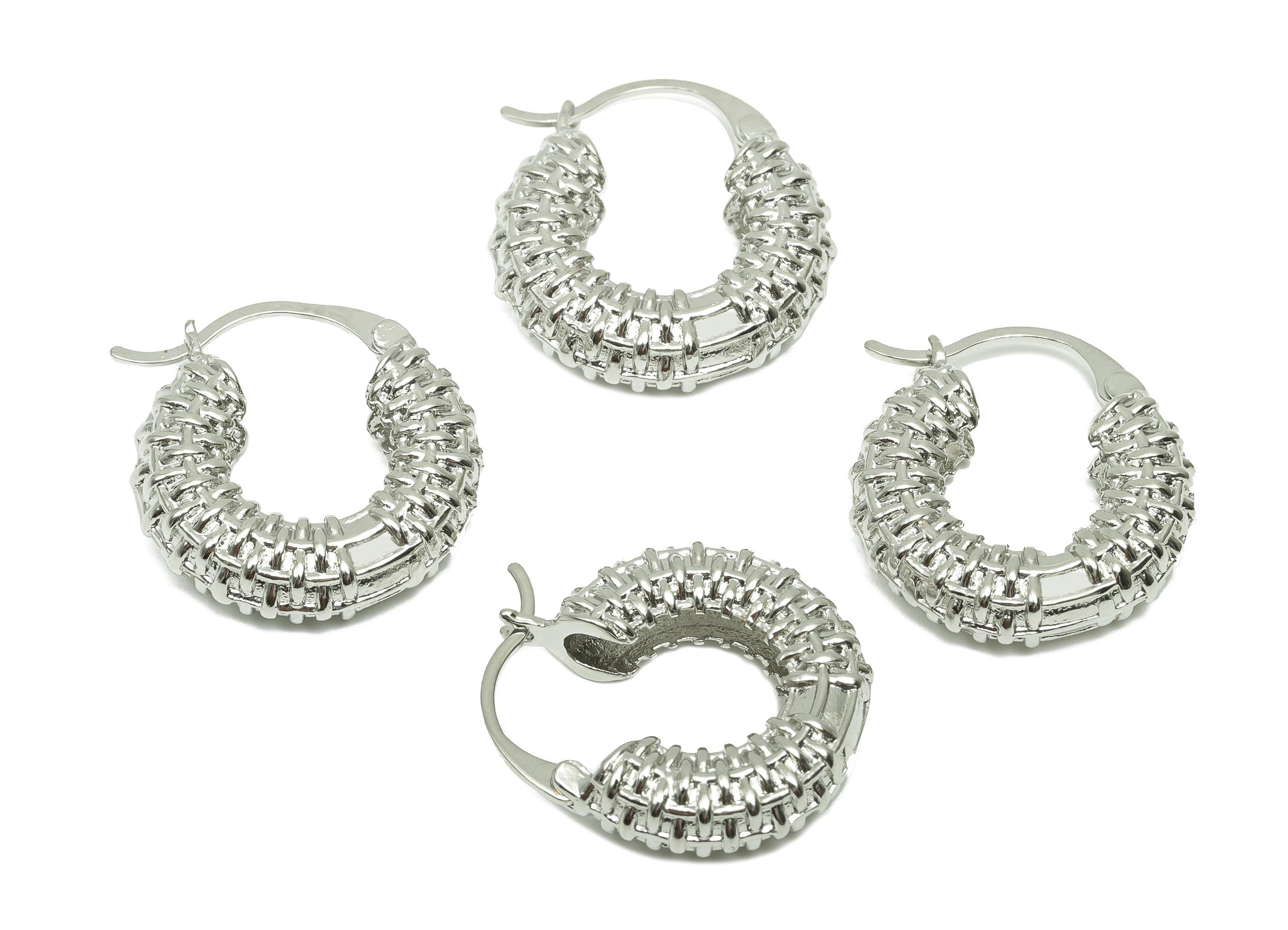 Textured Hinged Earring - For Women's Huggie Earring - Brass Daily Wear Hoop Ear - 18K Real White Gold Plated- 24.20x21.92x10.43mm - RGP8232 - DOMEDBAZAAR