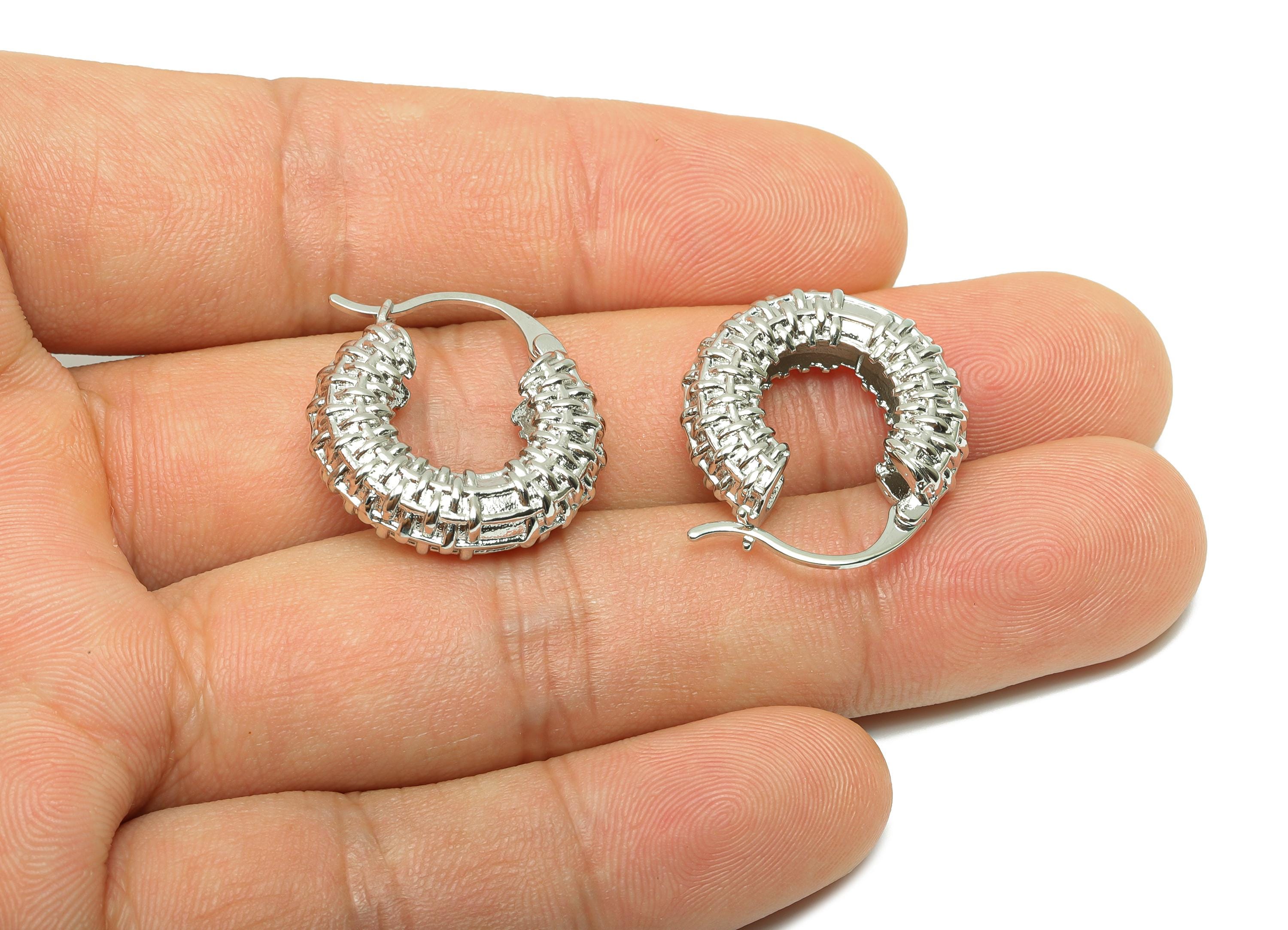 Textured Hinged Earring - For Women's Huggie Earring - Brass Daily Wear Hoop Ear - 18K Real White Gold Plated- 24.20x21.92x10.43mm - RGP8232 - DOMEDBAZAAR