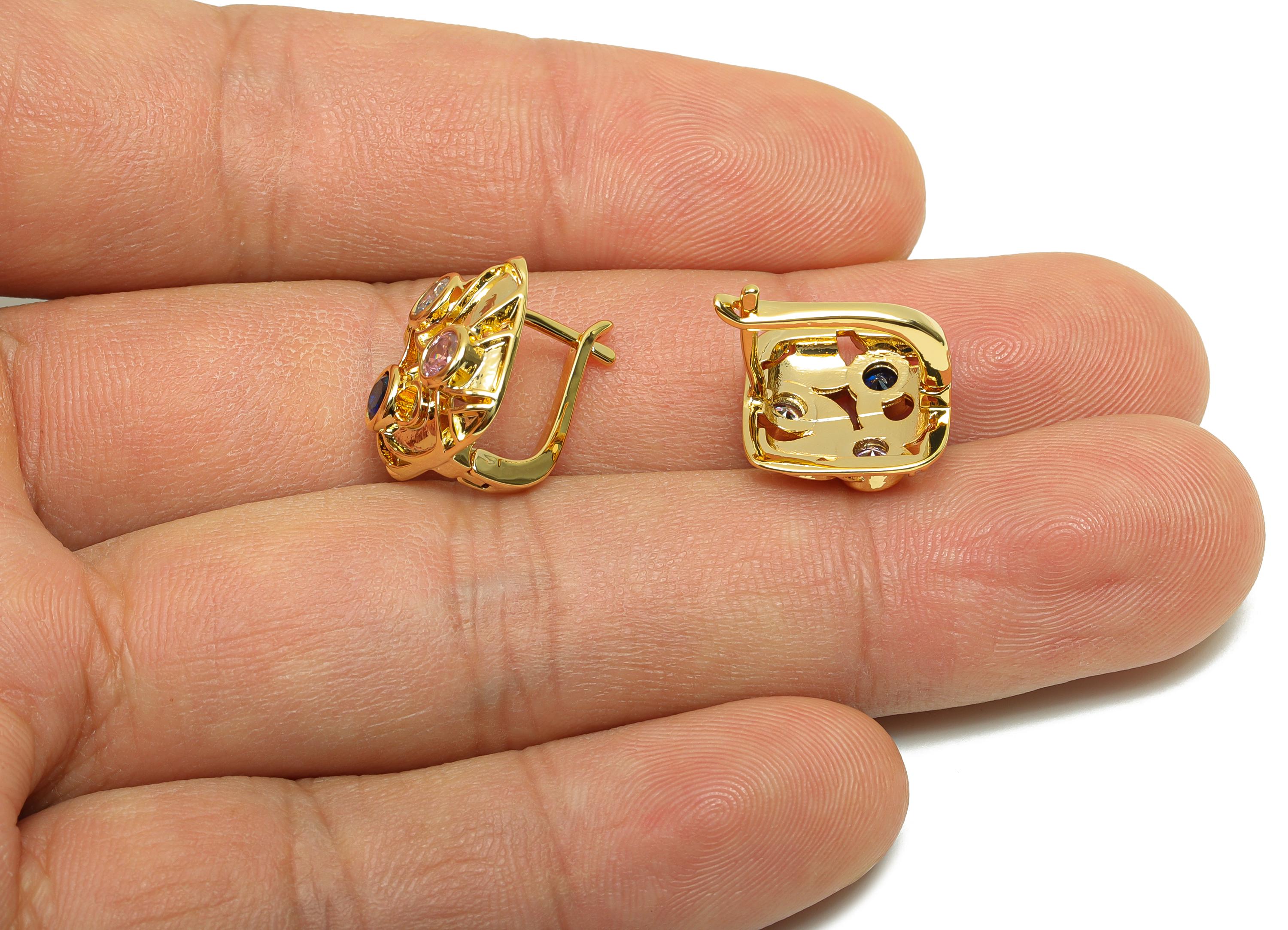 Brass CZ Hoop Earring - Brass Cubic Zircon English Lock Earring - Brass Square Hoop Earring -18K Real Gold Plating - 15.9x13x3mm - RGP8315 - DOMEDBAZAAR