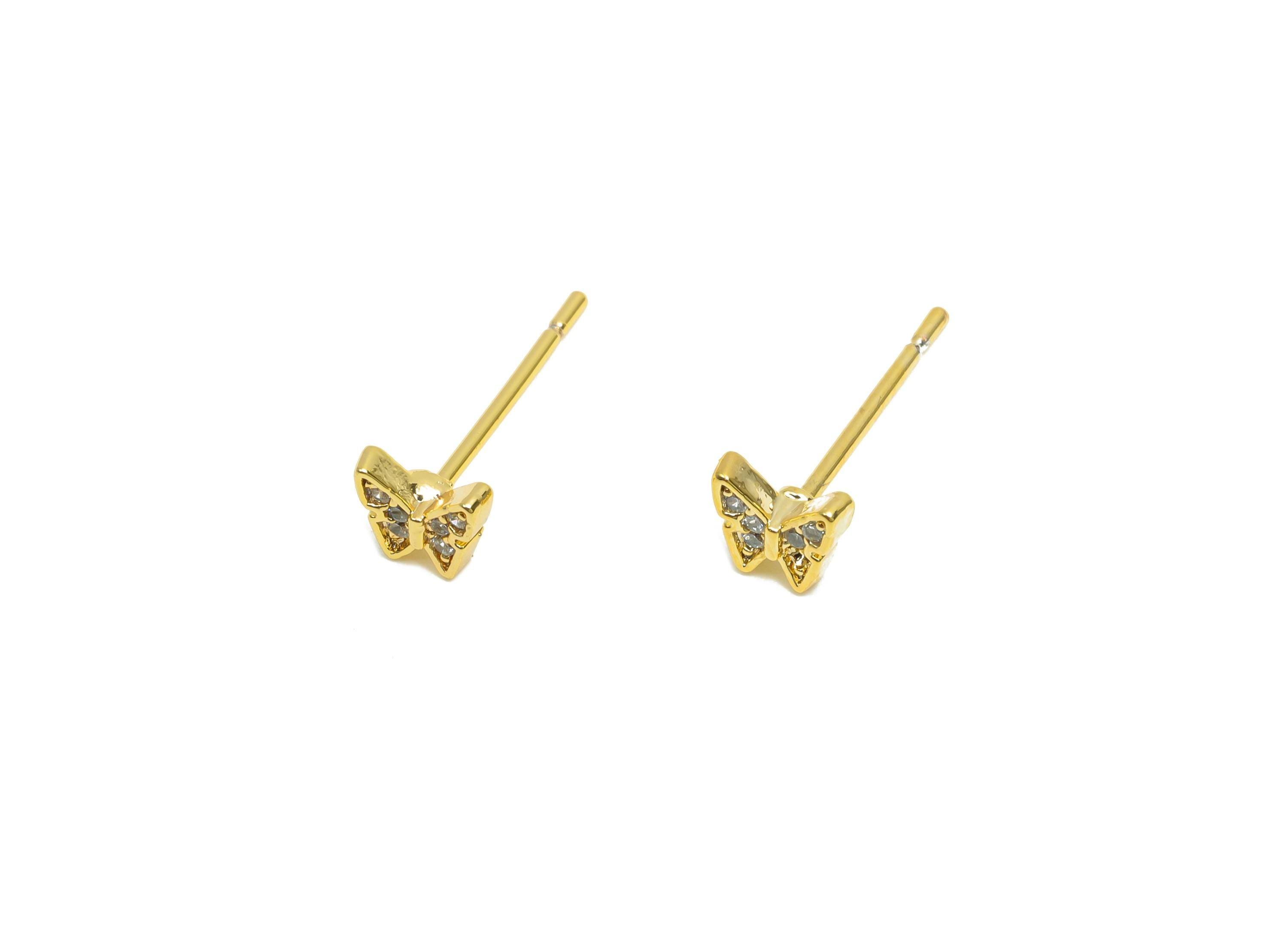 Brass CZ Earring Post - Brass Butterfly Earring Stud - Brass Cubic Zircon Earring Post  - 18K Real Gold Plating - 13.8x4.93x1.82mm - RGP8300 - DOMEDBAZAAR