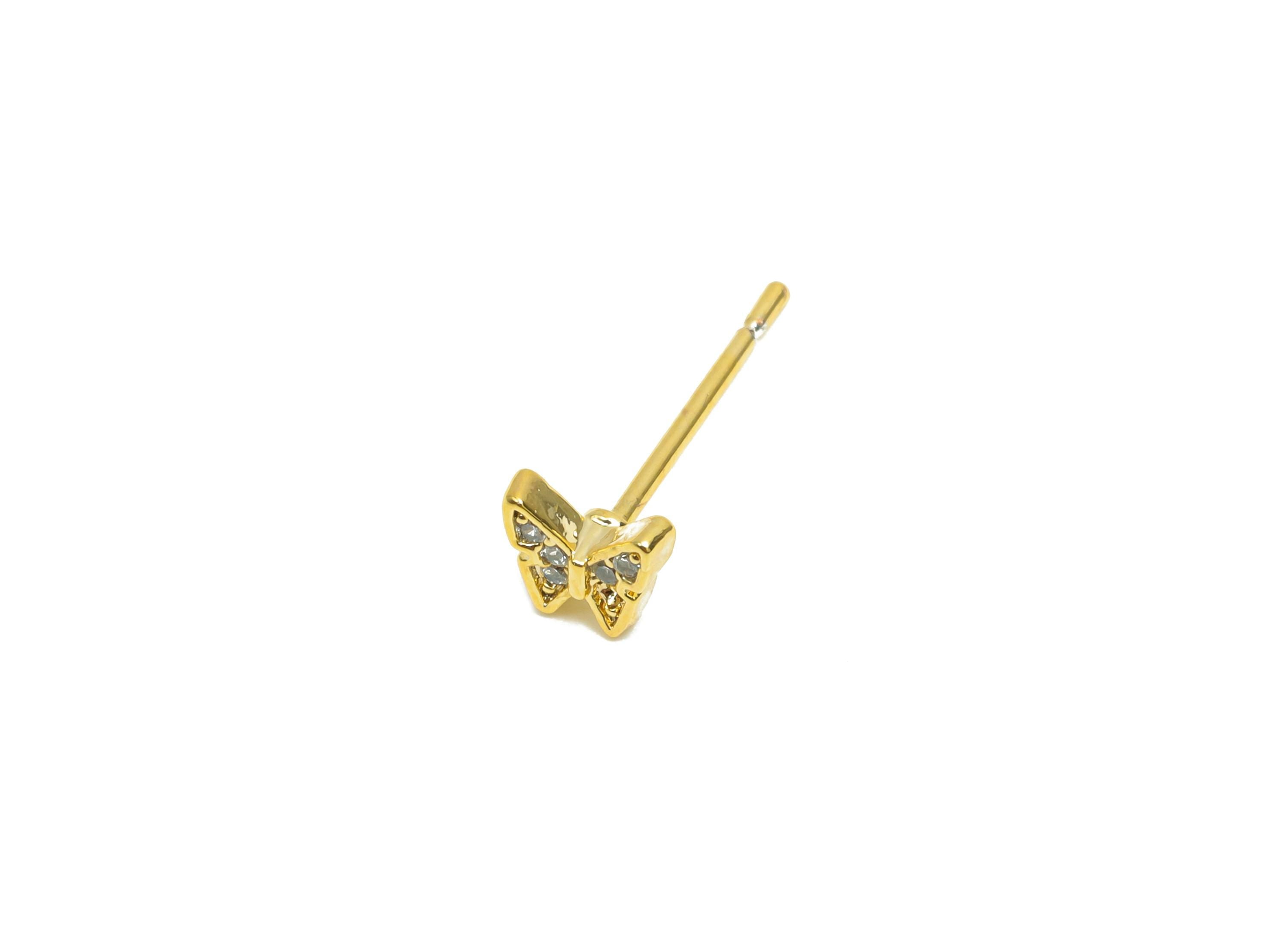 Brass CZ Earring Post - Brass Butterfly Earring Stud - Brass Cubic Zircon Earring Post  - 18K Real Gold Plating - 13.8x4.93x1.82mm - RGP8300 - DOMEDBAZAAR