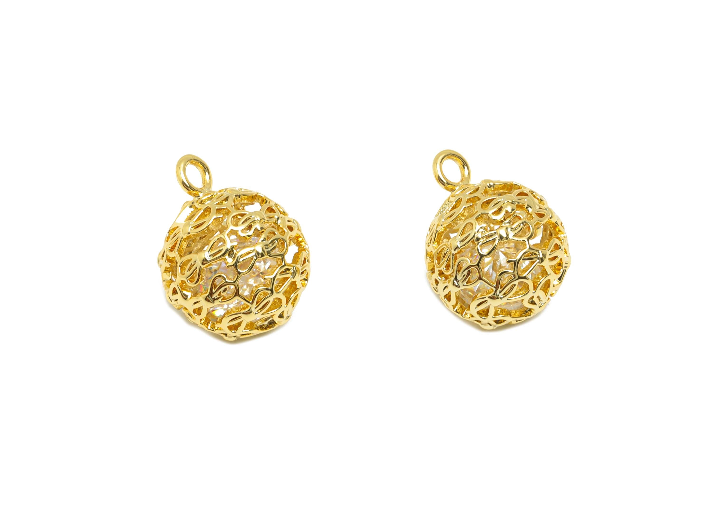 Brass Ball Earring Charm - Gold Round Hollow Charm for Bracelet - Zircon Pendant with Loop - 18K Real Gold Plating - 13x10x10mm - RGP8858 - DOMEDBAZAAR