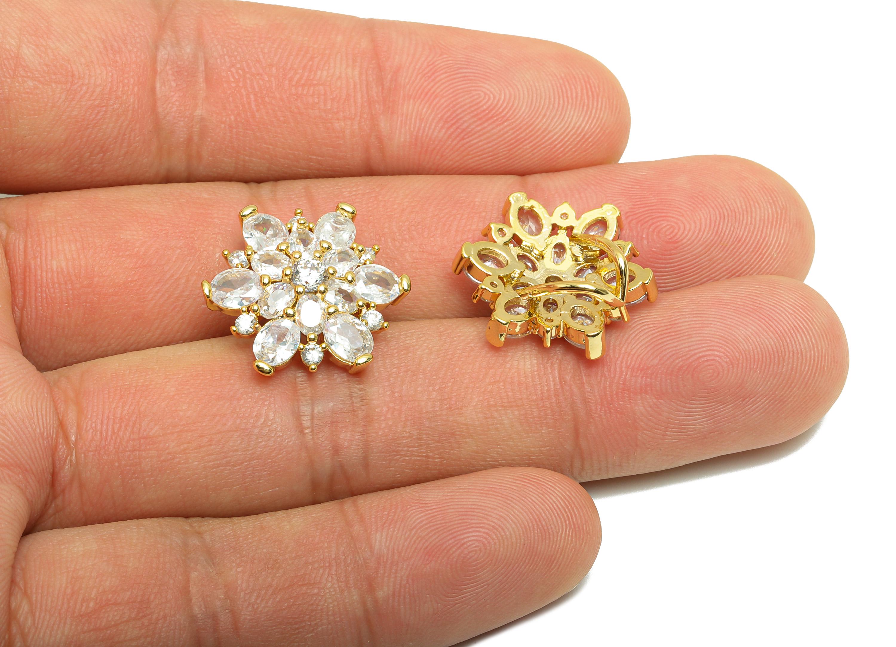 Gold Zircon Flower Pendant - Brass Petal with Teardrop Crystals - CZ Crystal Jewelry Charm - 18K Real Gold Plating - 20x20x6.7mm - RGP8863 - DOMEDBAZAAR