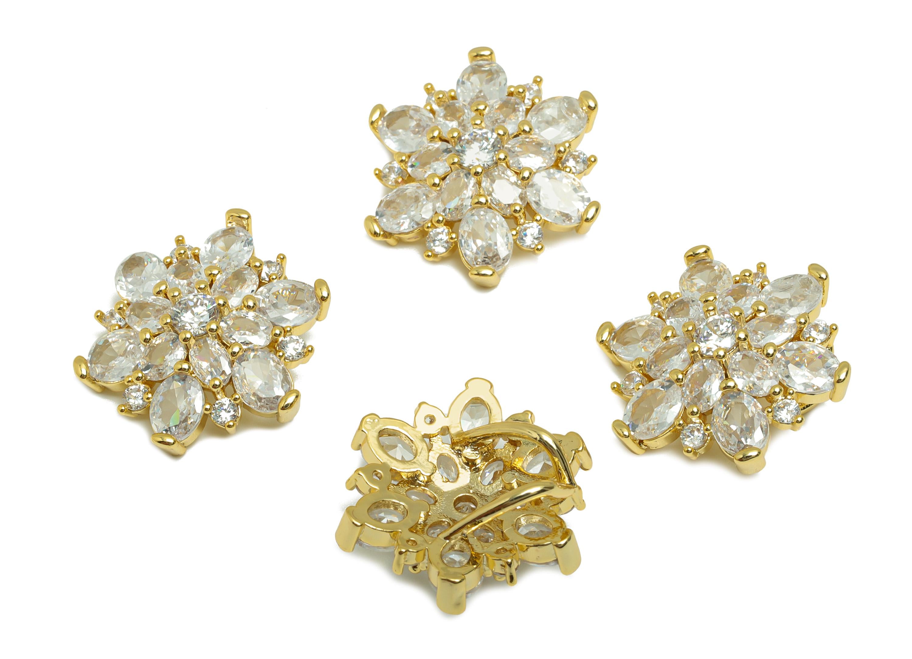 Gold Zircon Flower Pendant - Brass Petal with Teardrop Crystals - CZ Crystal Jewelry Charm - 18K Real Gold Plating - 20x20x6.7mm - RGP8863 - DOMEDBAZAAR