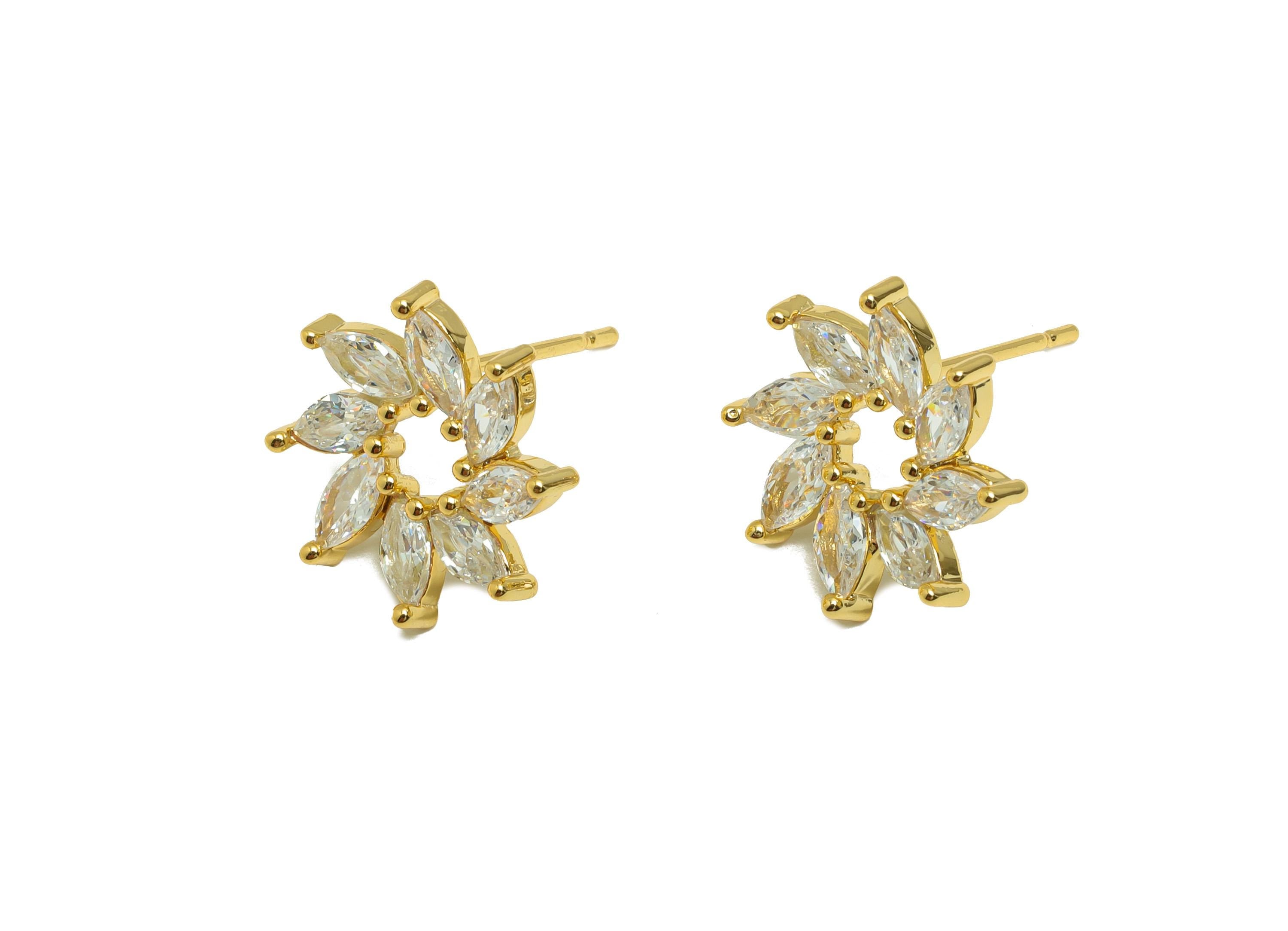 Gold Zircon Flower Earring - Marquise-Cut Diamond Earring Post - Brass Everyday Wear Earring - 18K Real Gold Plated -15x14.5x3.08mm -RGP8864 - DOMEDBAZAAR