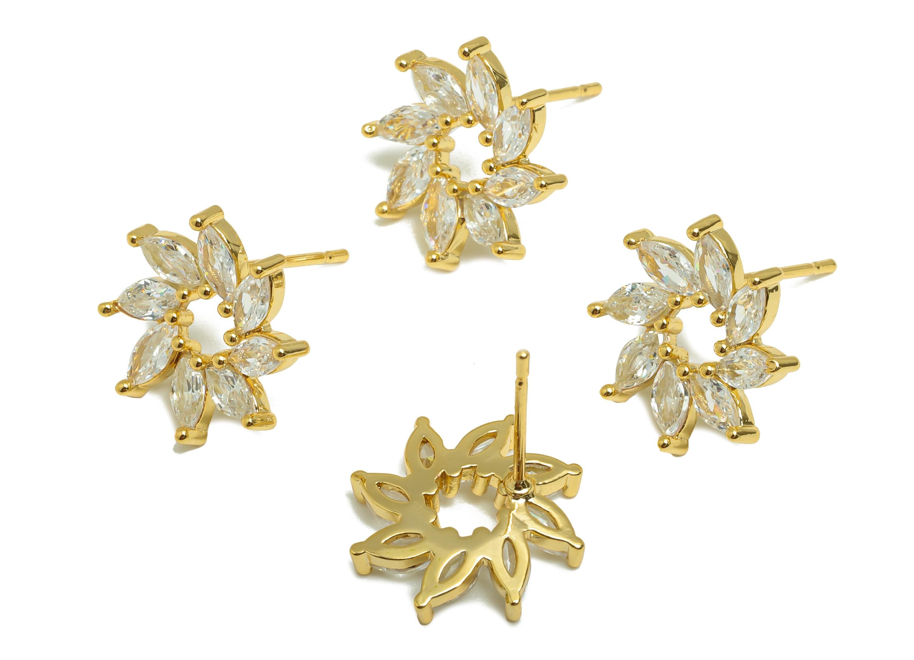 Gold Zircon Flower Earring - Marquise-Cut Diamond Earring Post - Brass Everyday Wear Earring - 18K Real Gold Plated -15x14.5x3.08mm -RGP8864 - DOMEDBAZAAR