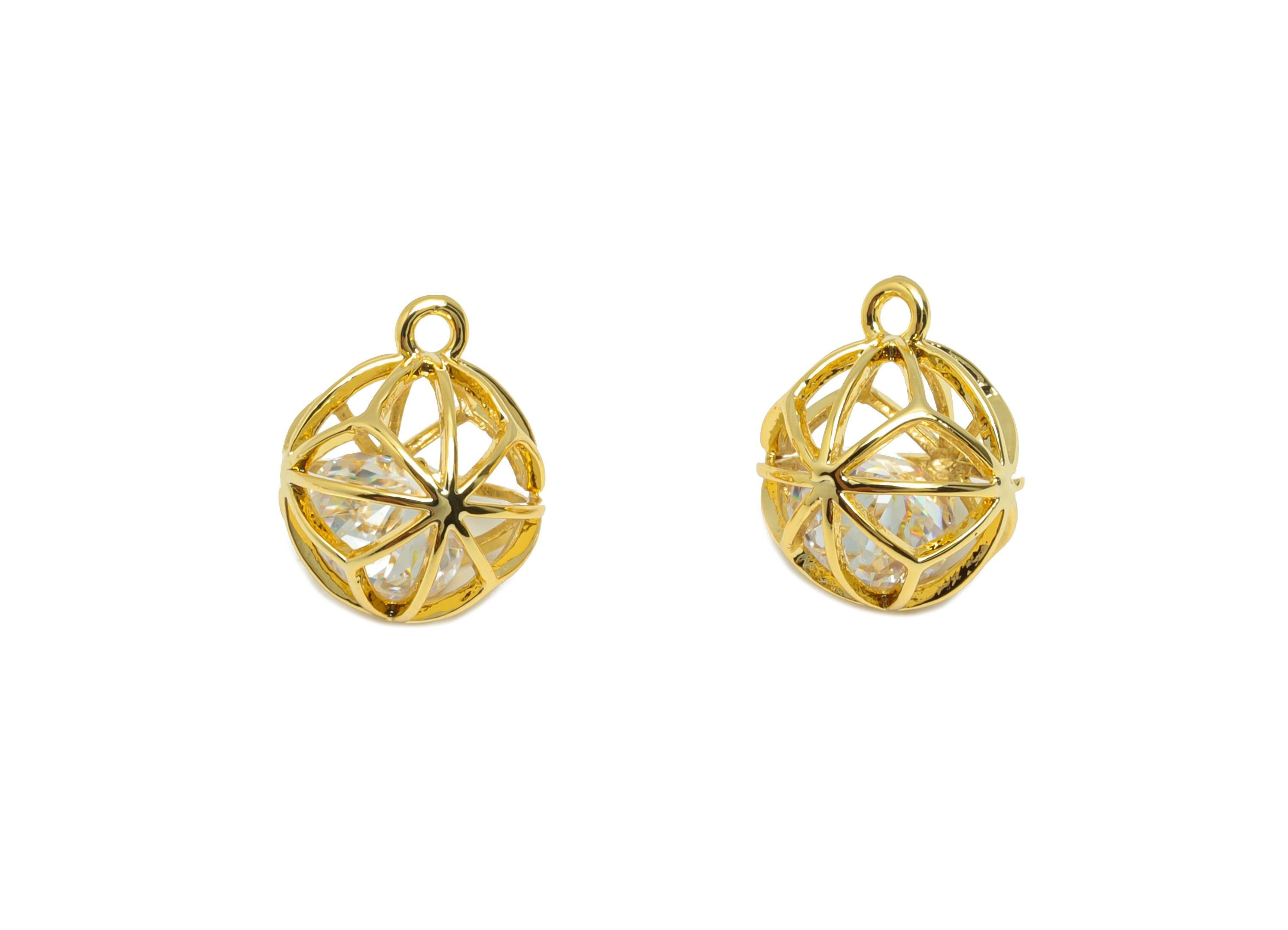 Brass Ball Earring Charm - Gold Round Hollow Charm for Bracelet - Zircon Pendant with Loop - 18K Real Gold Plating - 12x10x10mm - RGP8865 - DOMEDBAZAAR