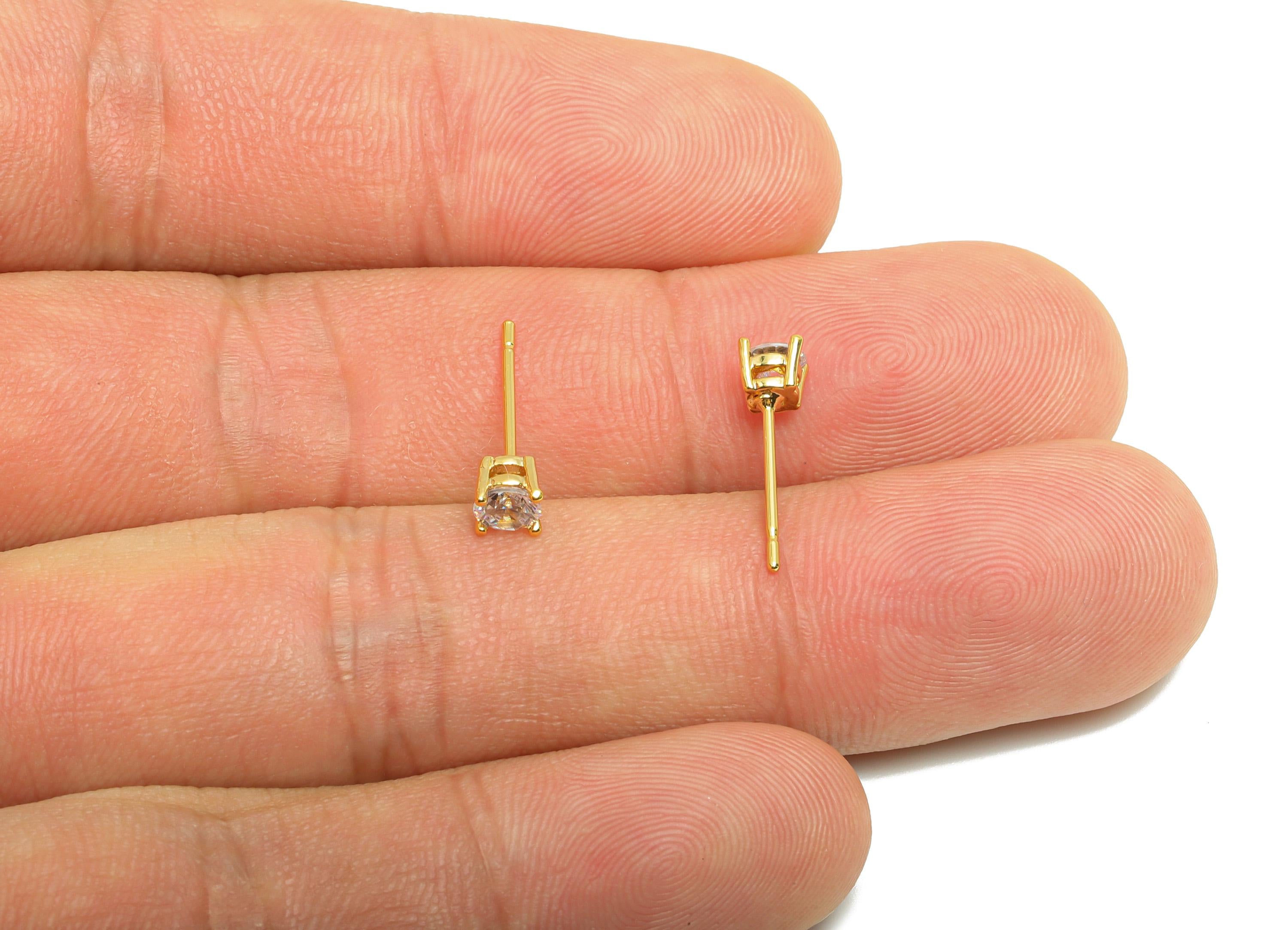 Gold Round Zircon Earring - Tiny Diamond Earring Post - Brass Everyday Wear Solitaire Earring - 18K Real Gold Plating - 15.5x4x4mm - RGP8866 - DOMEDBAZAAR