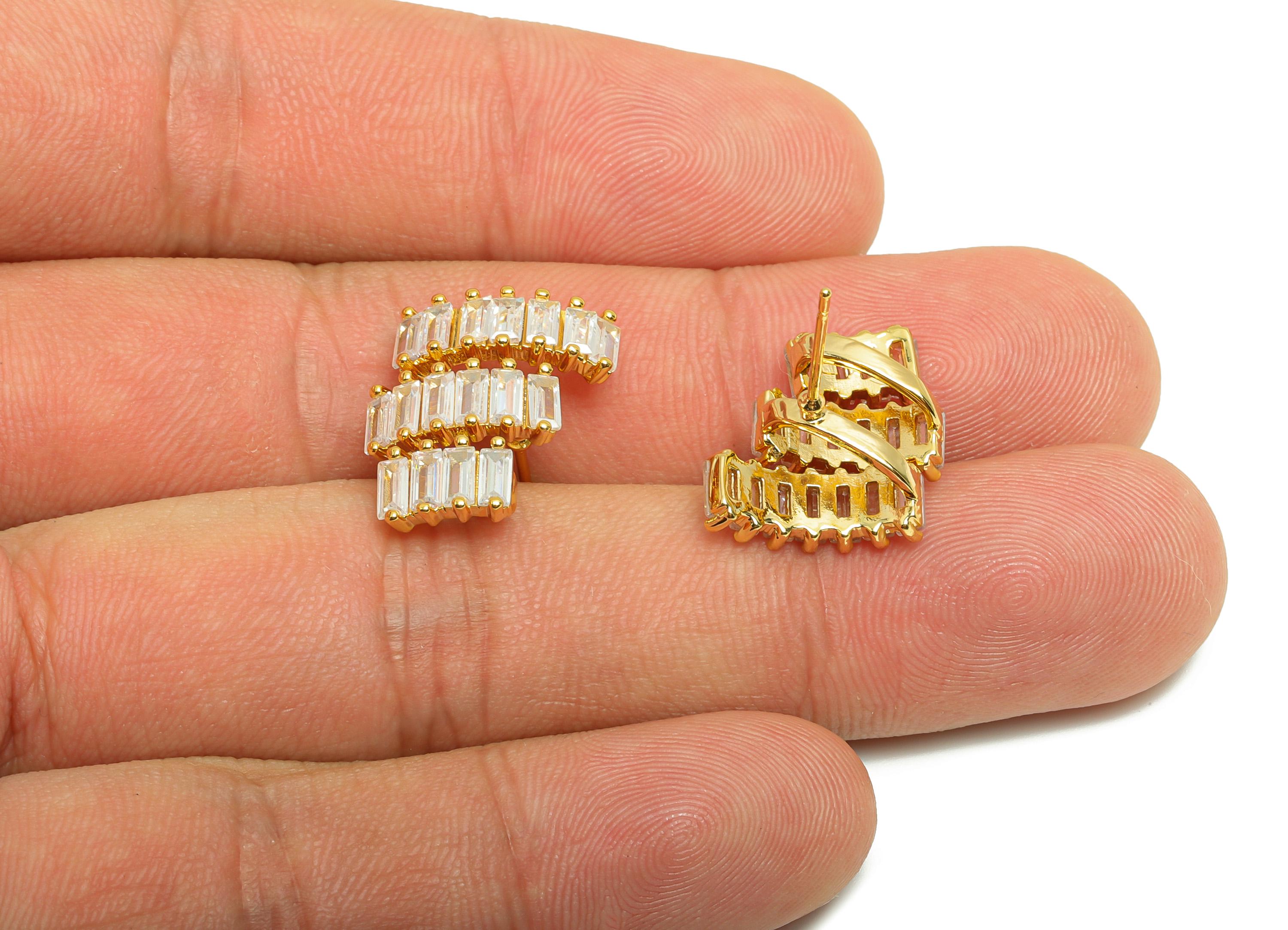 Gold Zircon Wave Earring - Baguette Diamond Earring Post - Brass Geometric Jewelry Earring - 18K Real Gold Plated- 18.1x15.7x6.34mm- RGP8867 - DOMEDBAZAAR