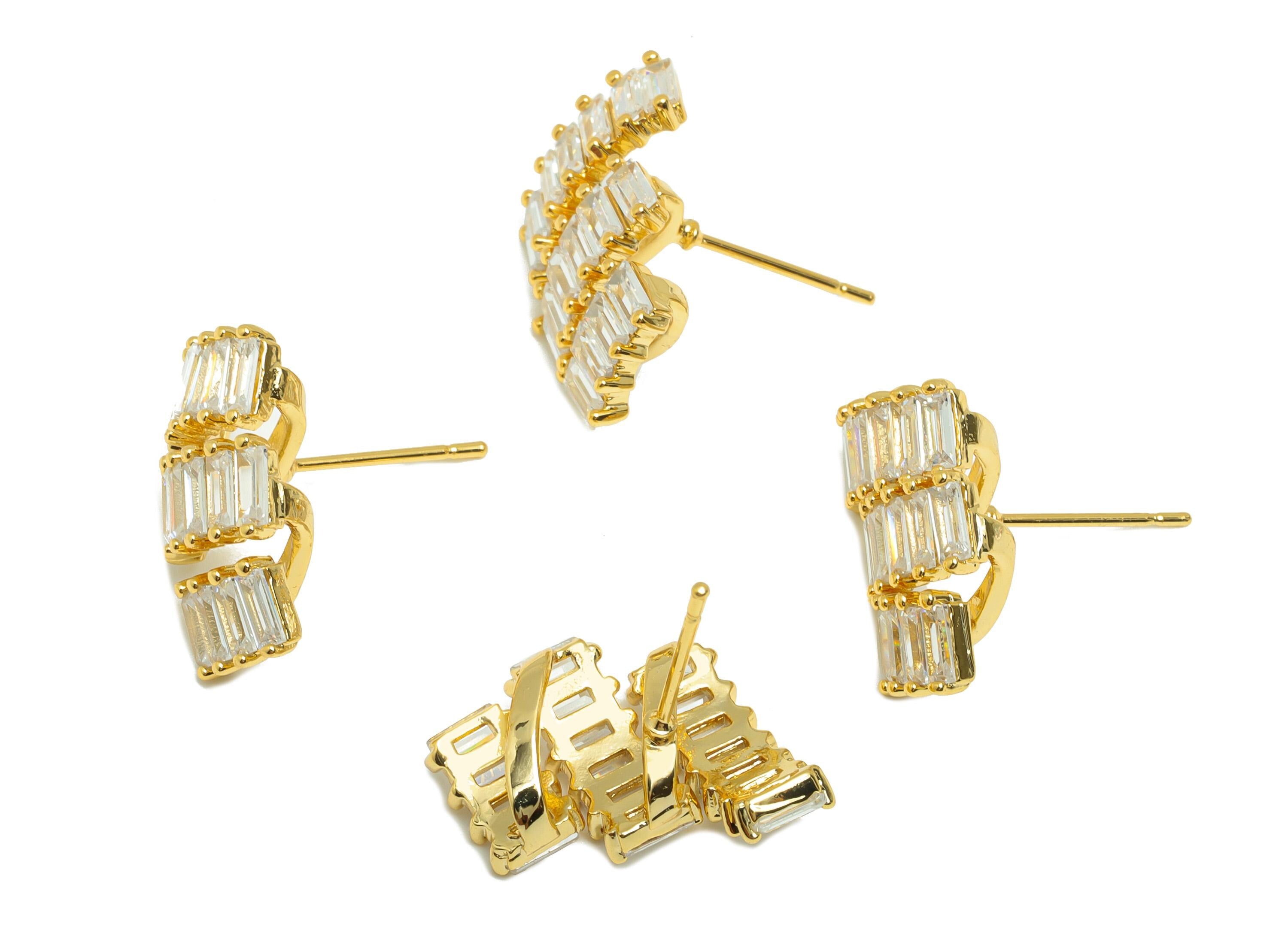 Gold Zircon Wave Earring - Baguette Diamond Earring Post - Brass Geometric Jewelry Earring - 18K Real Gold Plated- 18.1x15.7x6.34mm- RGP8867 - DOMEDBAZAAR