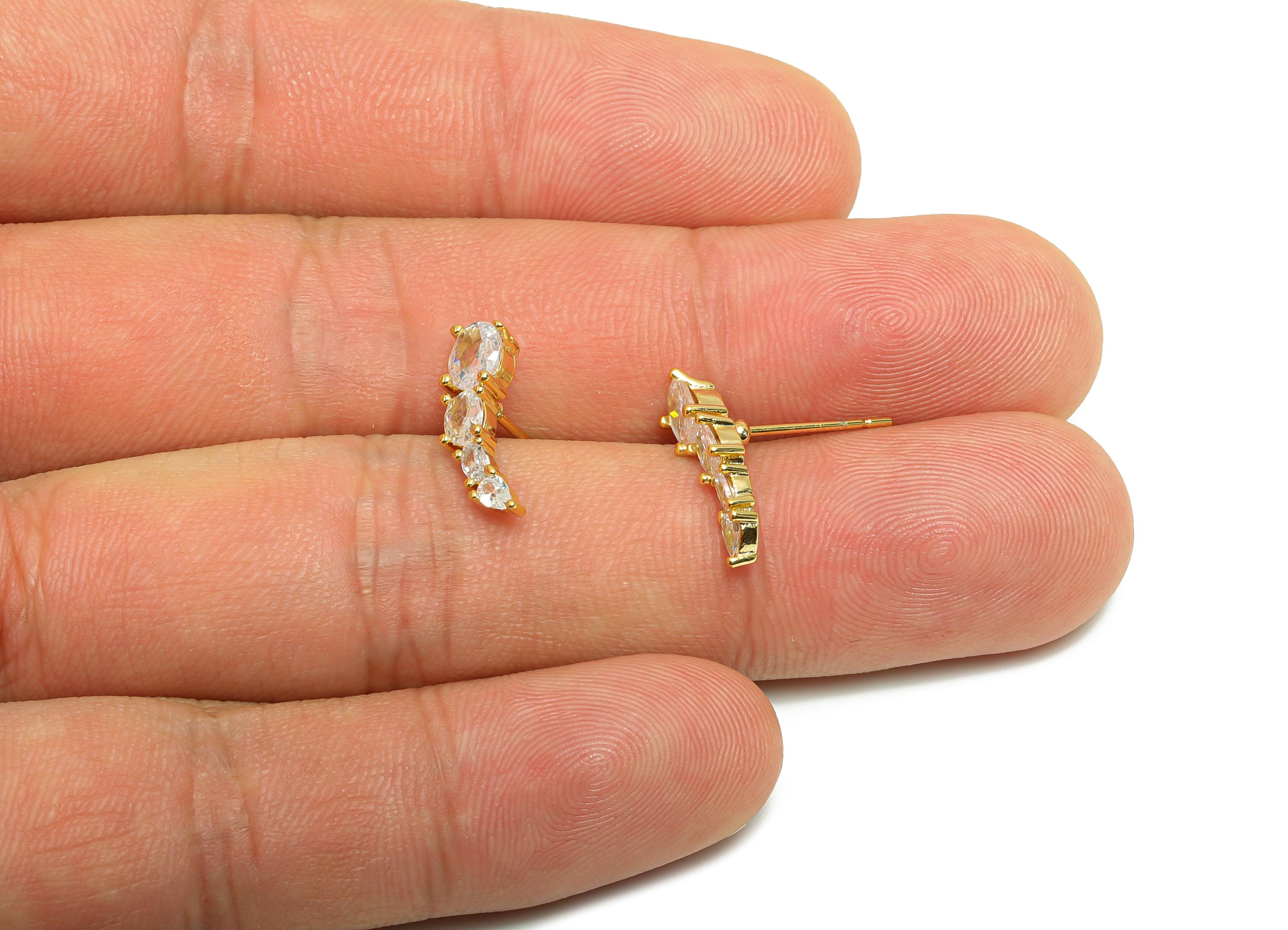 Gold Minimalist Zircon Earring - Curved Diamond Bar Earring Post - Brass Everyday Wear Ear - 18K Real Gold Plating - 16.1x5.3x3.3mm- RGP8868 - DOMEDBAZAAR