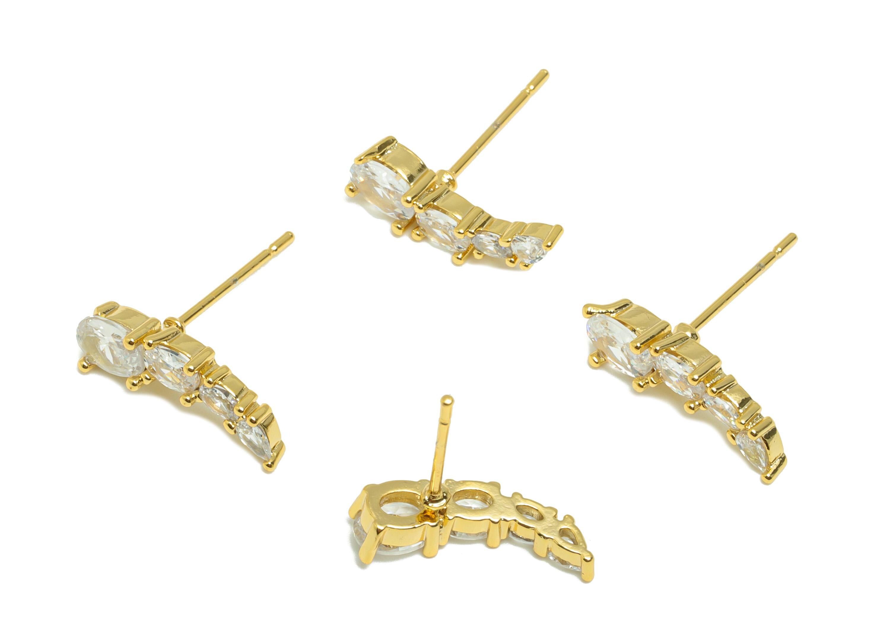 Gold Minimalist Zircon Earring - Curved Diamond Bar Earring Post - Brass Everyday Wear Ear - 18K Real Gold Plating - 16.1x5.3x3.3mm- RGP8868 - DOMEDBAZAAR