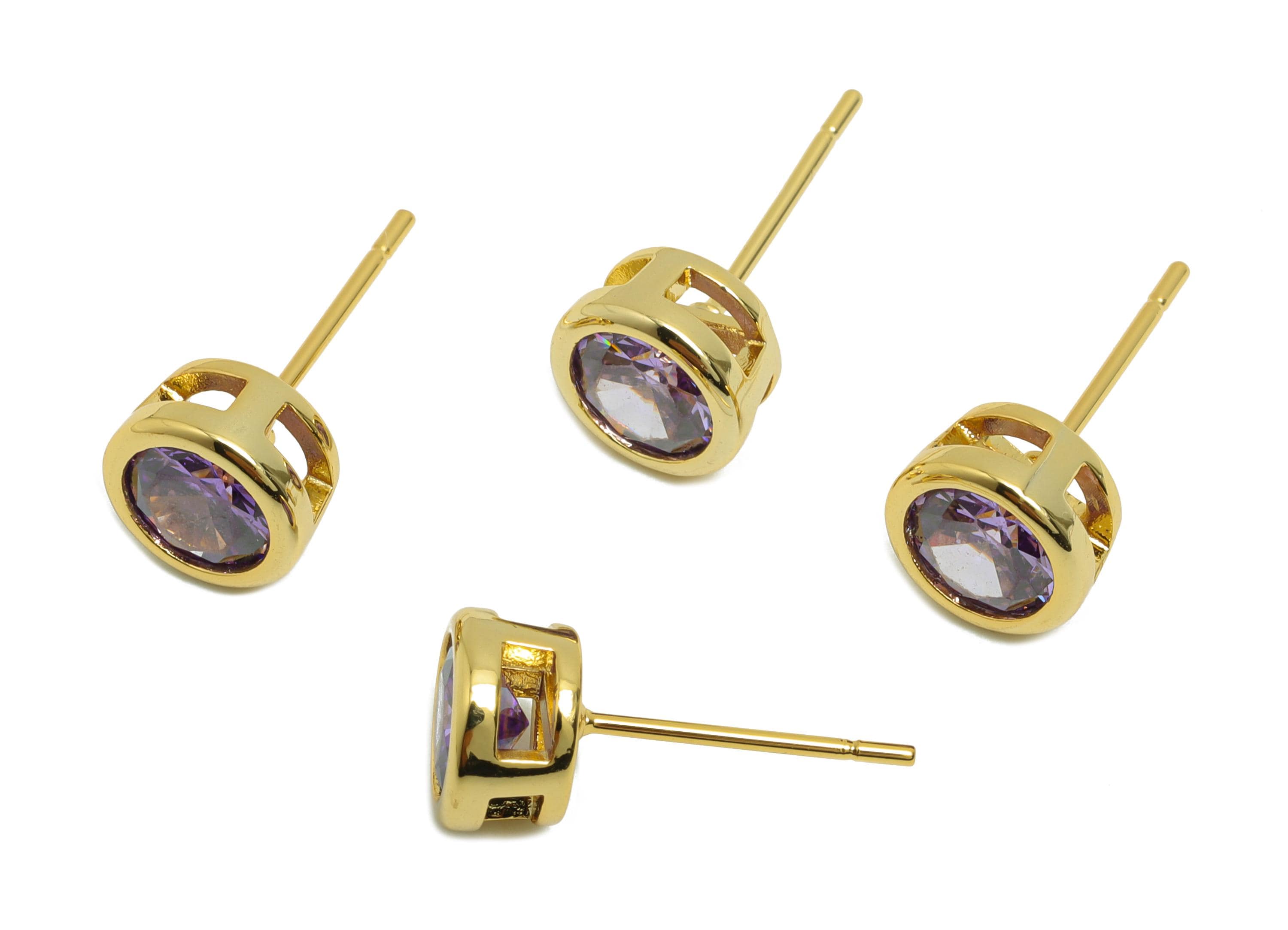 Brass CZ Earring Post - Brass Light Amethyst Earring Stud - Brass Cubic Zircon Earring Post  - 18K Real Gold Plating - 16x7x5.5mm - RGP8395W - DOMEDBAZAAR