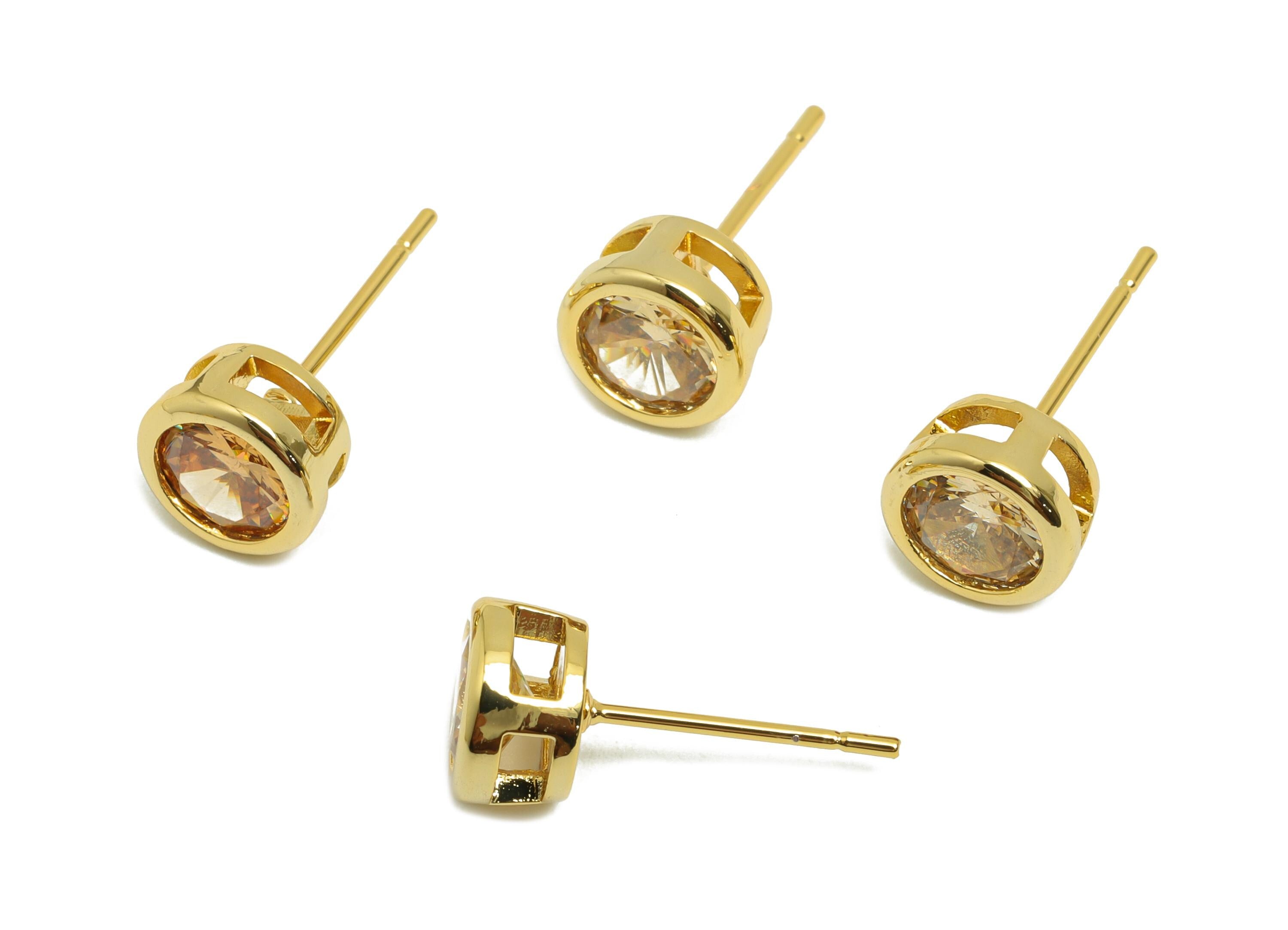 Brass CZ Earring Post - Brass Champagne Earring Stud - Cubic Zircon Earring Post  - Gold Jewelry - 18K Real Gold Plating - 16x7x5mm-RGP8395R - DOMEDBAZAAR