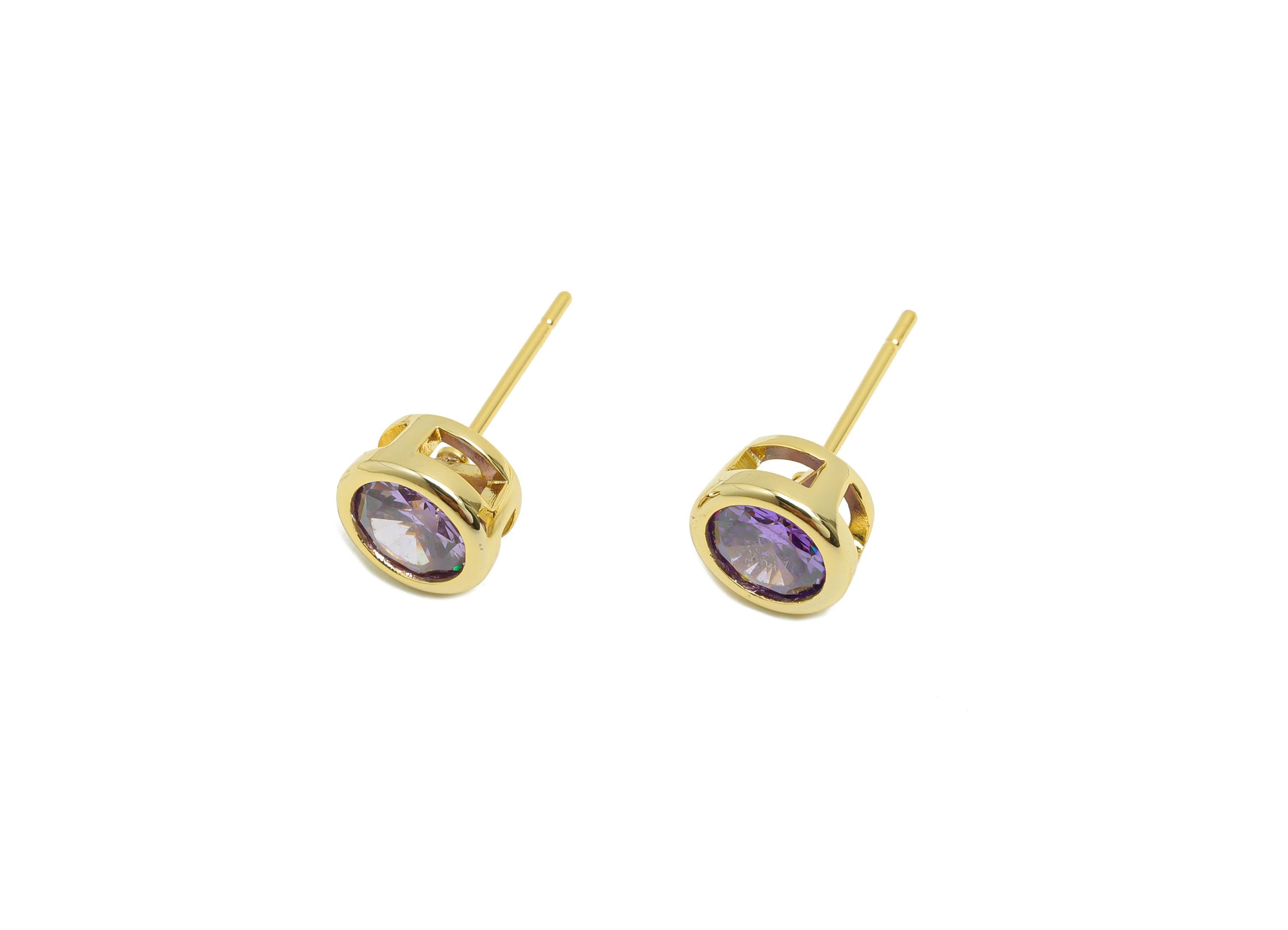 Brass CZ Earring Post - Brass Amethyst Earring Stud - Cubic Zircon Earring Post  - Gold Jewelry - 18K Real Gold Plated - 16x7x5mm - RGP8395Q - DOMEDBAZAAR
