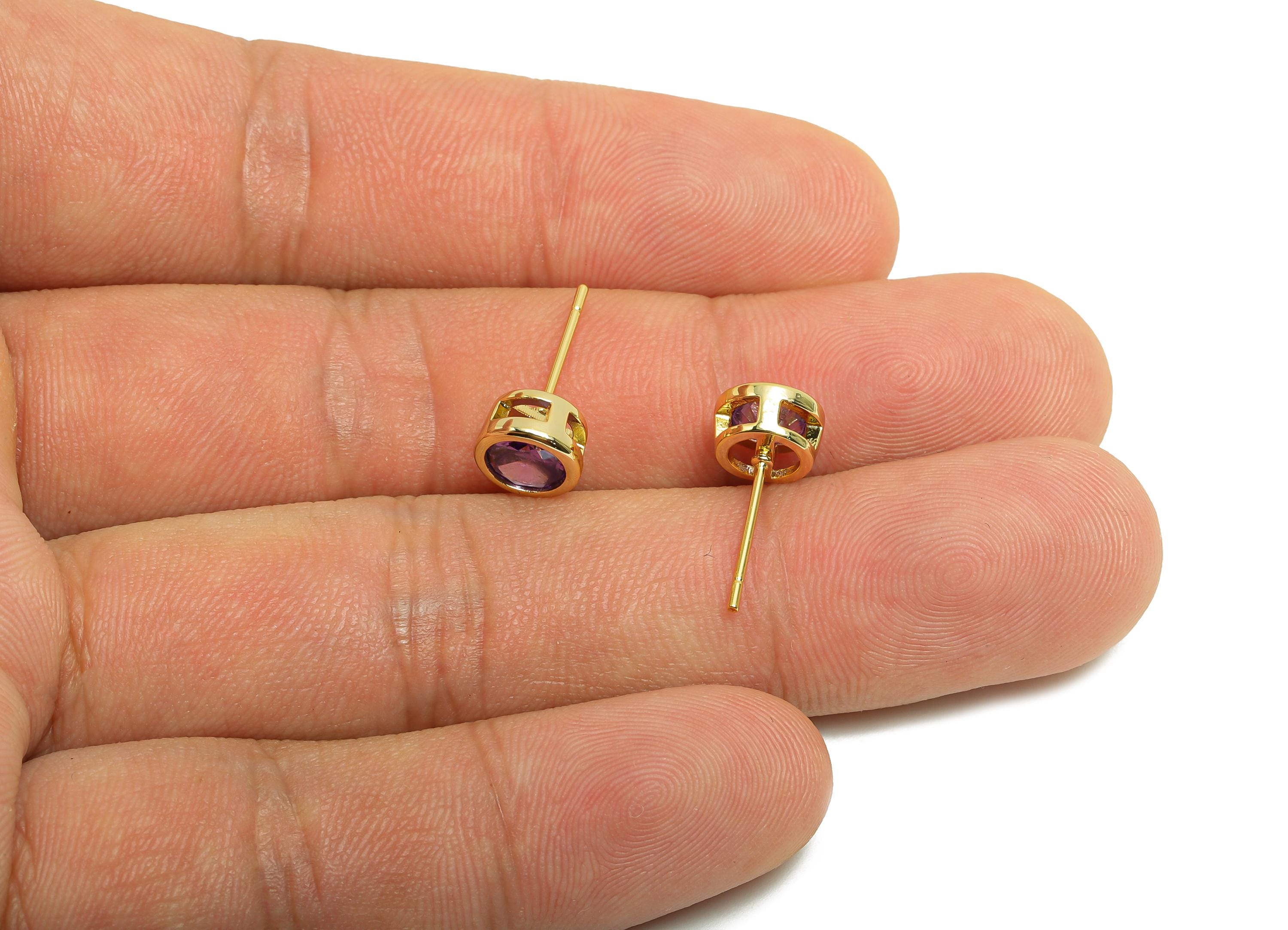 Brass CZ Earring Post - Brass Amethyst Earring Stud - Cubic Zircon Earring Post  - Gold Jewelry - 18K Real Gold Plated - 16x7x5mm - RGP8395Q - DOMEDBAZAAR
