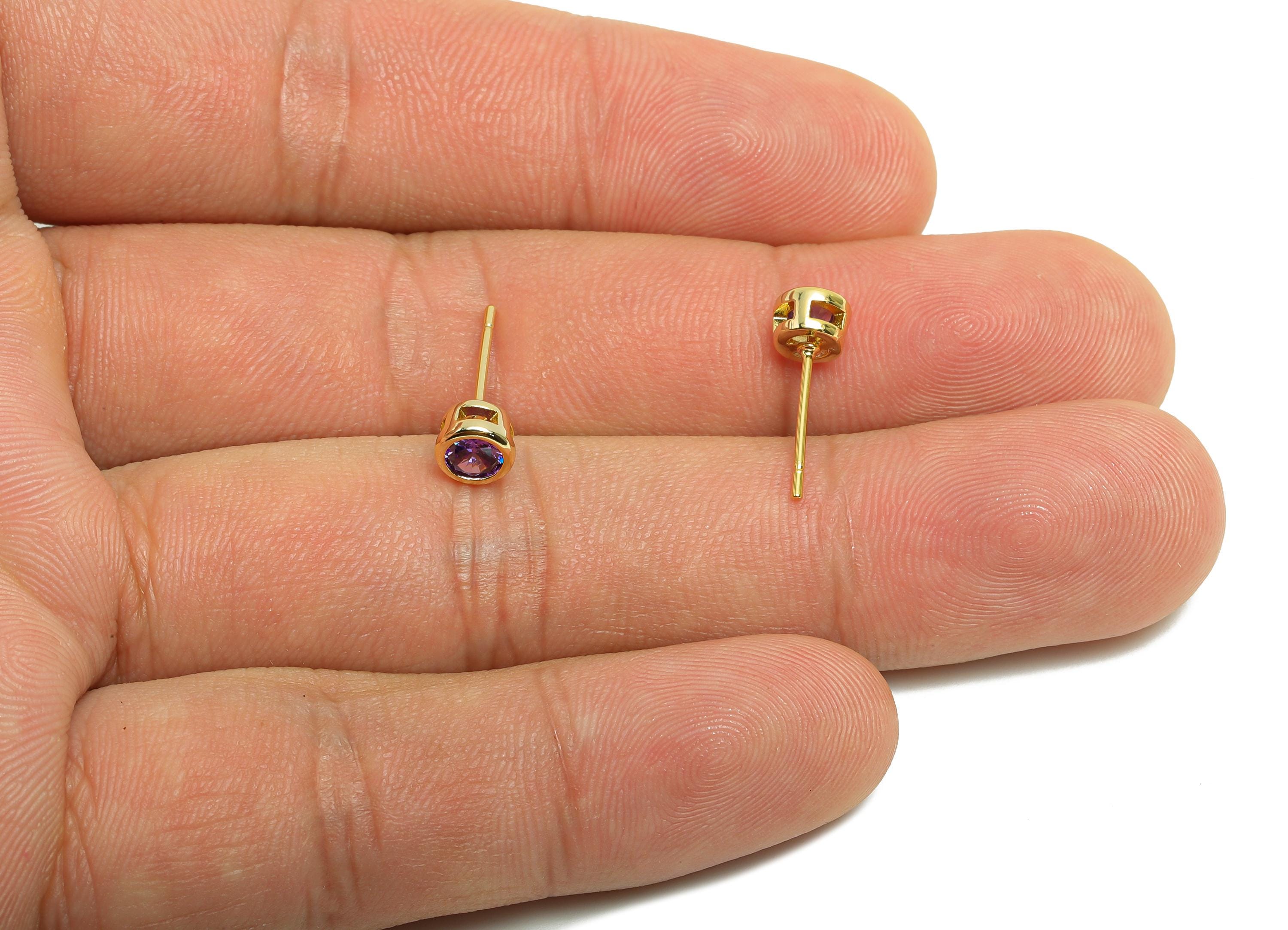 Brass CZ Earring Post - Brass Amethyst Earring Stud - Cubic Zircon Earring Post  - Gold Jewelry - 18K Real Gold Plated -15x5x3mm-RGP8397B - DOMEDBAZAAR