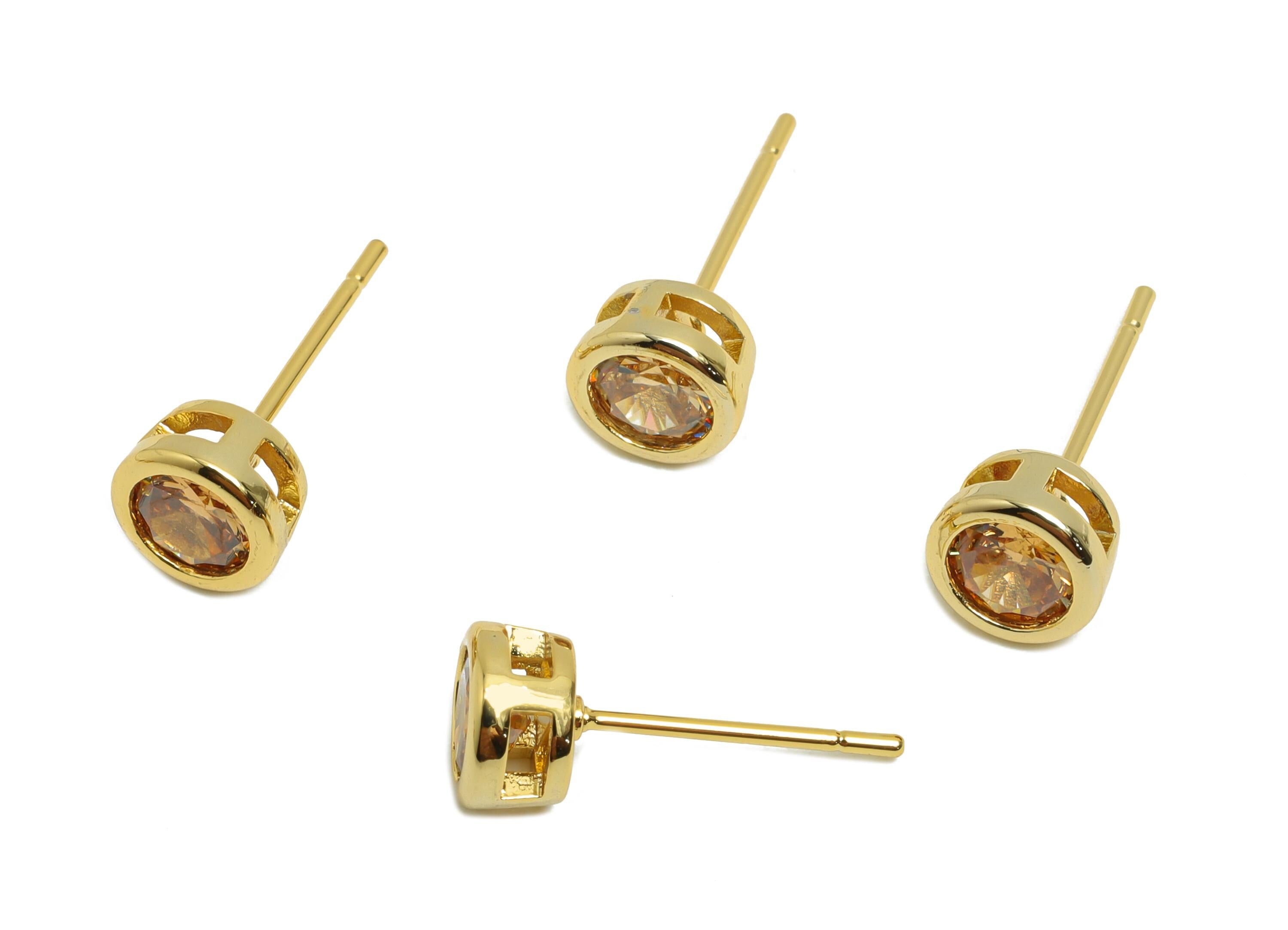 Brass CZ Earring Post - Brass Deep Champagne Earring Stud - Zircon Earring Post - Gold Jewelry - 18K Real Gold Plated - 15.6x6x4mm -RGP8396N - DOMEDBAZAAR