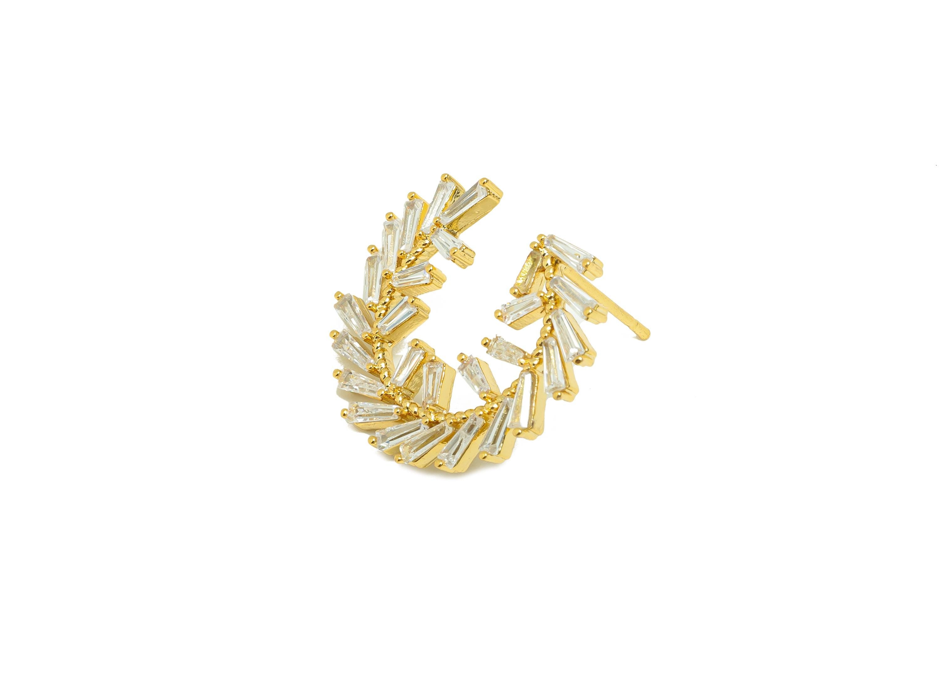 Gold Open Circular Hoop Earring - Cut Crystal Wheat Earring Post - Brass CZ Everyday Wear Ear - 18K Real Gold Plated-22.32x19x2.4mm -RGP8871 - DOMEDBAZAAR