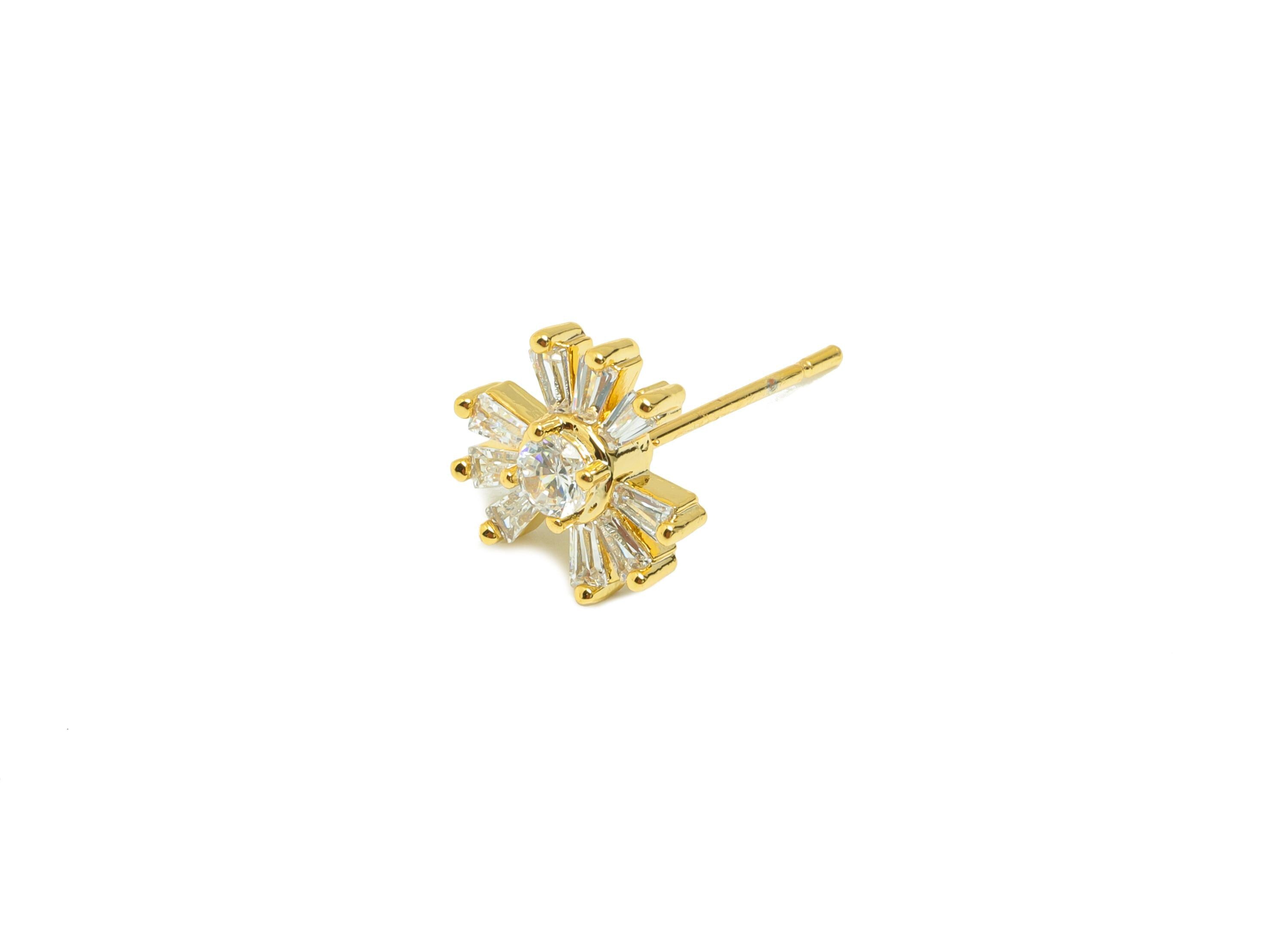 Gold Flower Earring Post - Earring with Baguette and Round-Cut Zircon - Brass Daily Wear Ear - 18K Real Gold Plated -15.32x9.5x3.6mm-RGP8872 - DOMEDBAZAAR