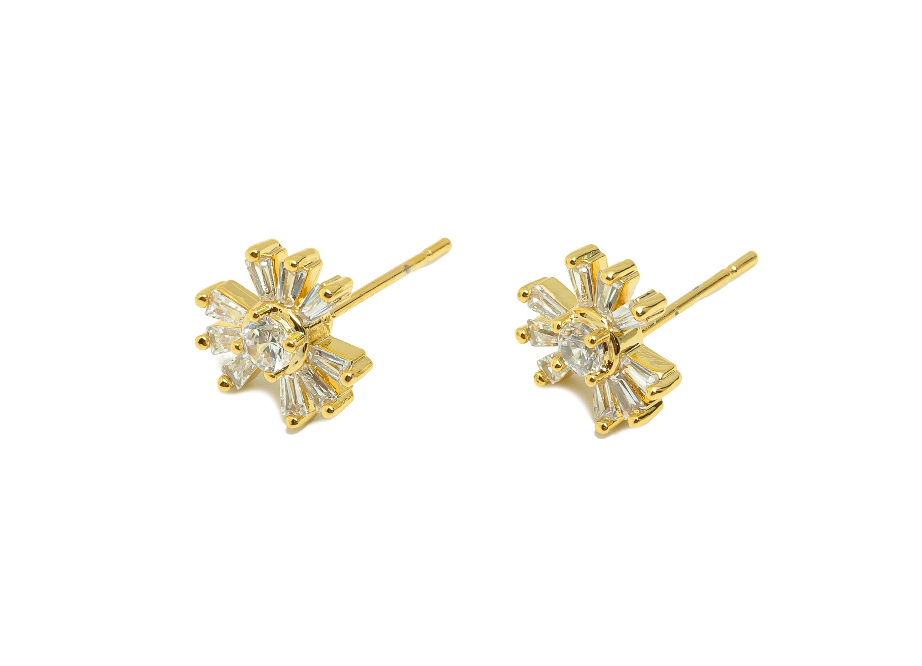 Gold Flower Earring Post - Earring with Baguette and Round-Cut Zircon - Brass Daily Wear Ear - 18K Real Gold Plated -15.32x9.5x3.6mm-RGP8872 - DOMEDBAZAAR