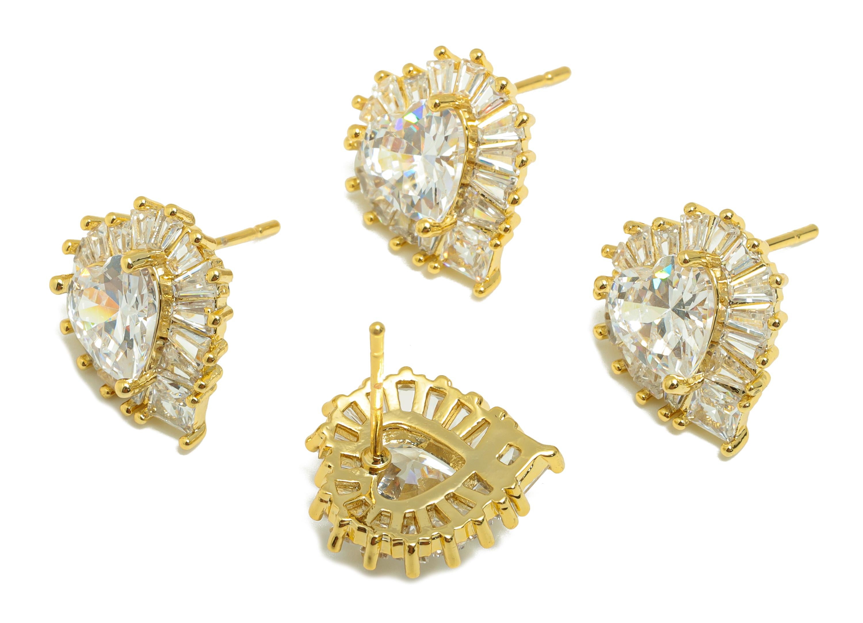 Brass Heart Zircon Earring - Gold Romantic Earring Post for Women - Valentine's Day Earring - 18K Real Gold Plated - 16.5x14x5.04mm -RGP8873 - DOMEDBAZAAR