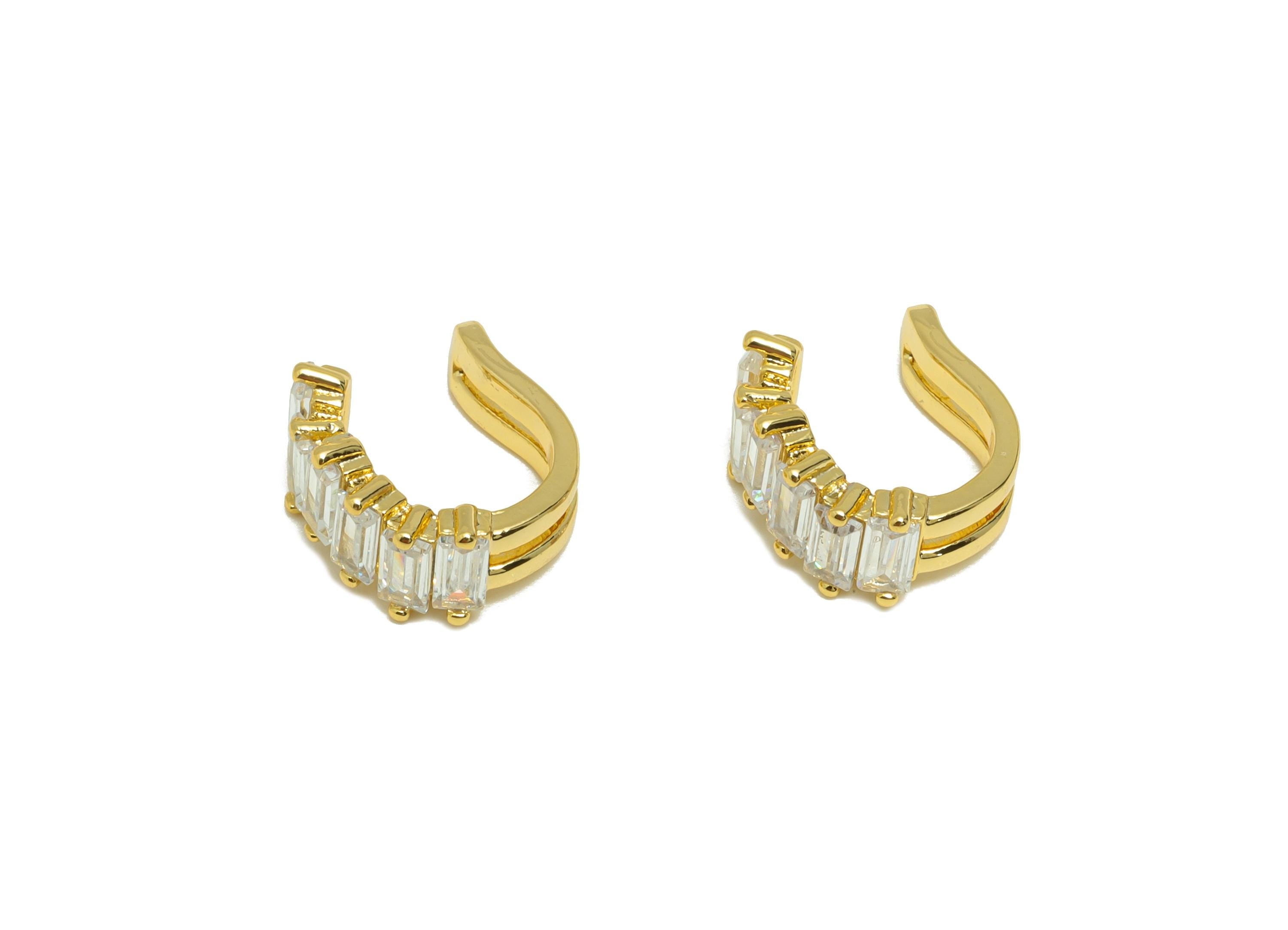 Brass Open Zircon Earring Cuff - Gold Baguette-Cut Crystals Earring - Adjustable Cuff Ear - 18K Real Gold Plating - 11.4x10.9x6.2mm- RGP8878 - DOMEDBAZAAR