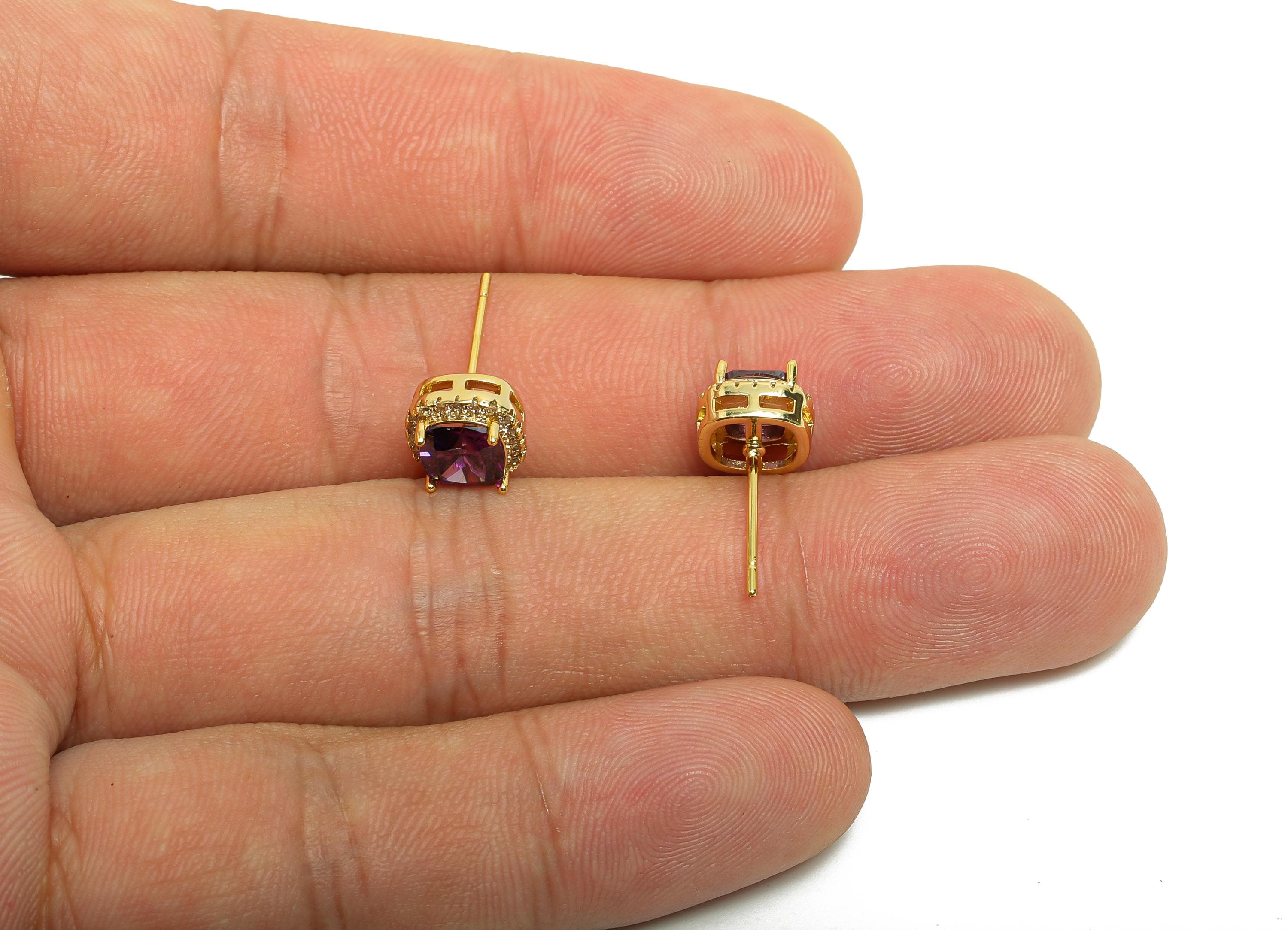 Brass Square Earring Post - Brass Zircon Earring Stud - Purple CZ Earring Stud - Gold Jewelry - 18K Real Gold Plating - 17x8x5mm - RGP8398T - DOMEDBAZAAR