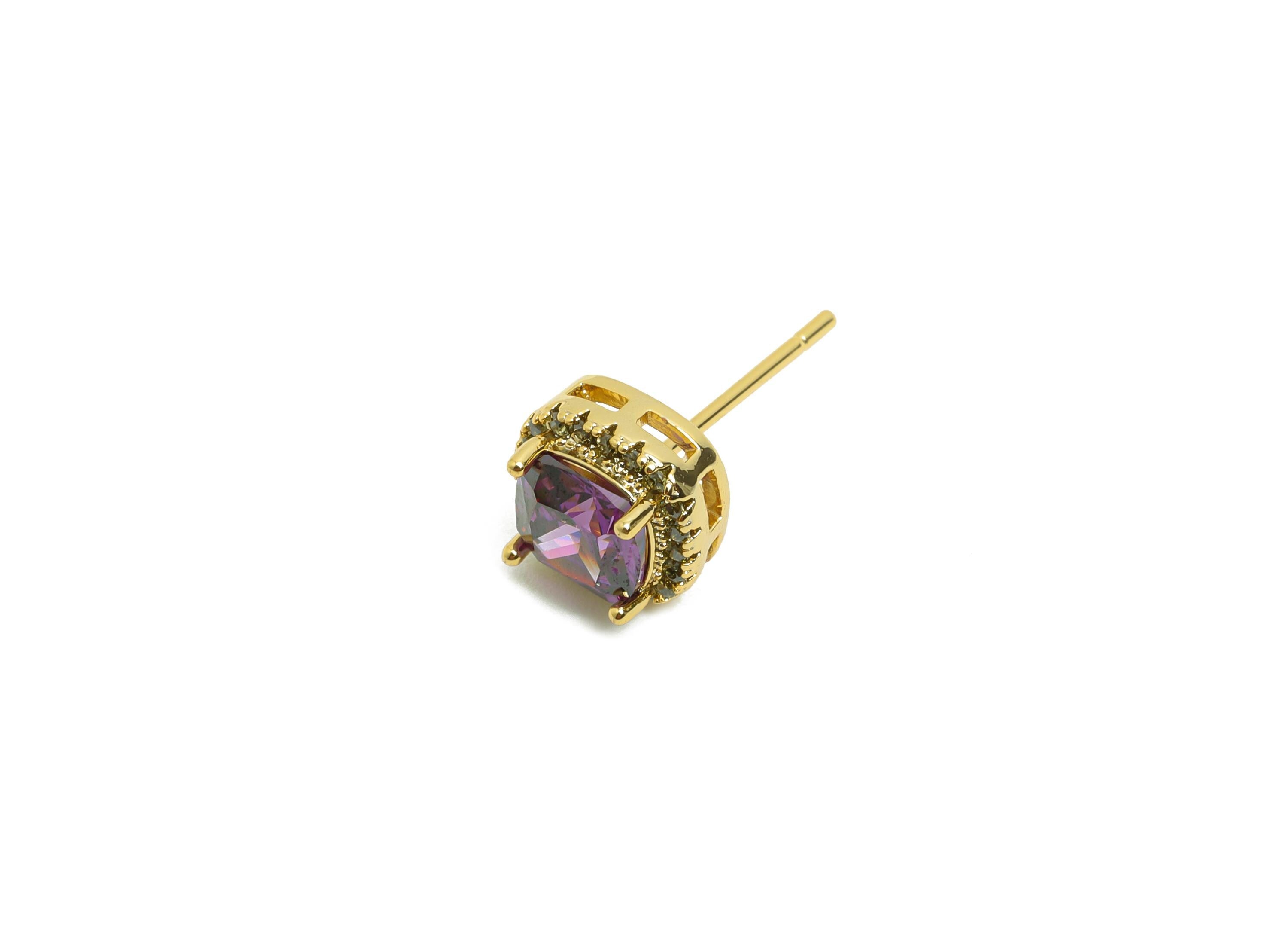 Brass Square Earring Post - Brass Zircon Earring Stud - Purple CZ Earring Stud - Gold Jewelry - 18K Real Gold Plating - 17x8x5mm - RGP8398N - DOMEDBAZAAR