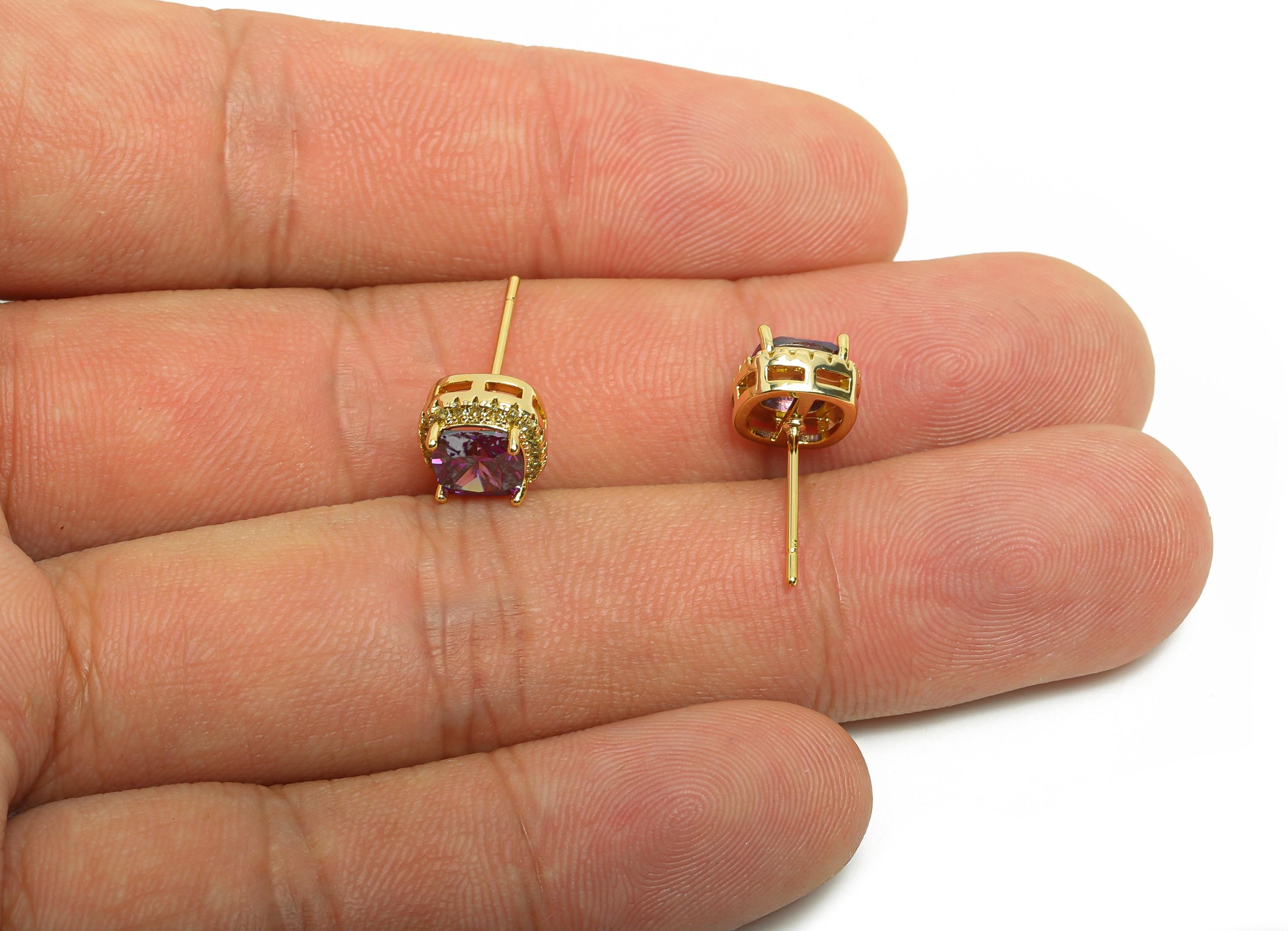 Brass Square Earring Post - Brass Zircon Earring Stud - Purple CZ Earring Stud - Gold Jewelry - 18K Real Gold Plating - 17x8x5mm - RGP8398G - DOMEDBAZAAR