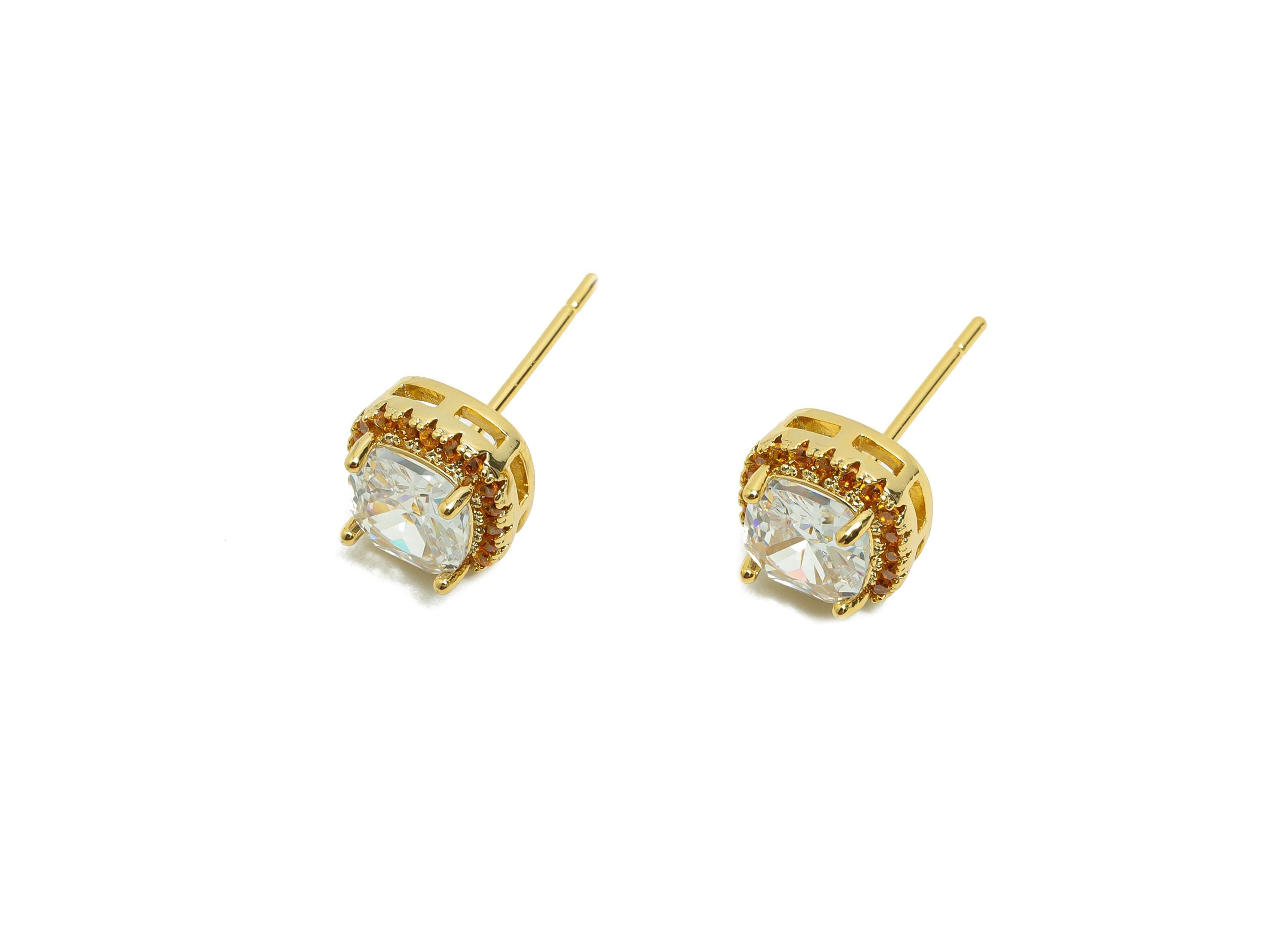 Brass Square Earring Post - Brass Zircon Earring Stud - White CZ Earring Stud - Gold Jewelry - 18K Real Gold Plating - 17x8x5mm - RGP8398A - DOMEDBAZAAR
