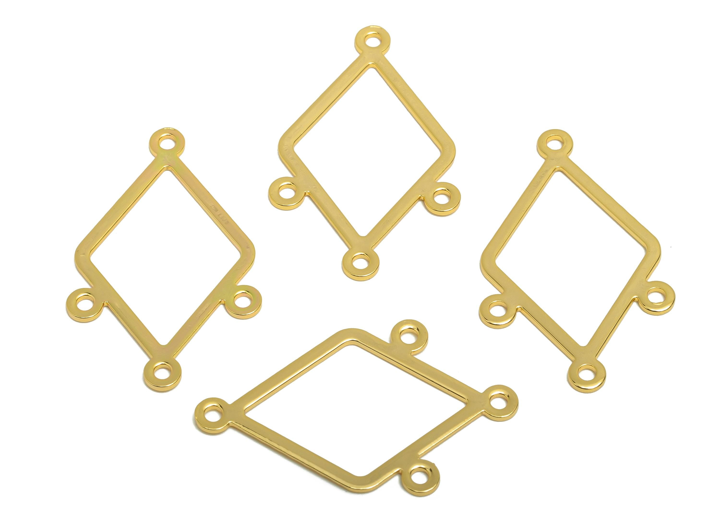 Brass Diamond Connector - Brass DIY Jewelry Component - Gold Connector Charm with Four Loops - 18K Real Gold Plating - 34x21x0.8mm -RGP10213 - DOMEDBAZAAR