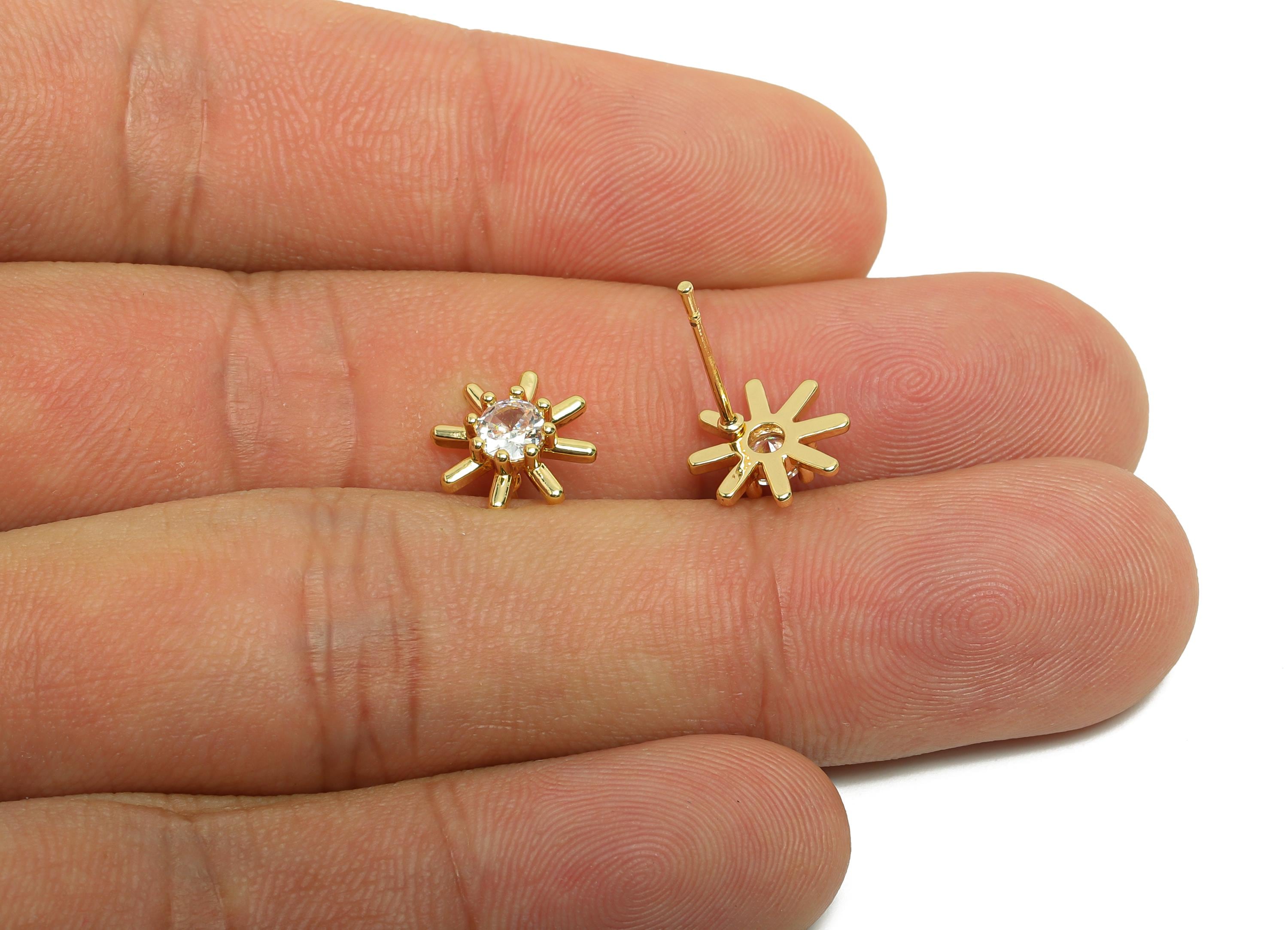 Brass Flower Earring Post - Brass Zircon Earring Stud - Sunshine CZ Earring Stud - Gold Jewelry - 18K Real Gold Plating - 14x9x3mm - RGP8406 - DOMEDBAZAAR