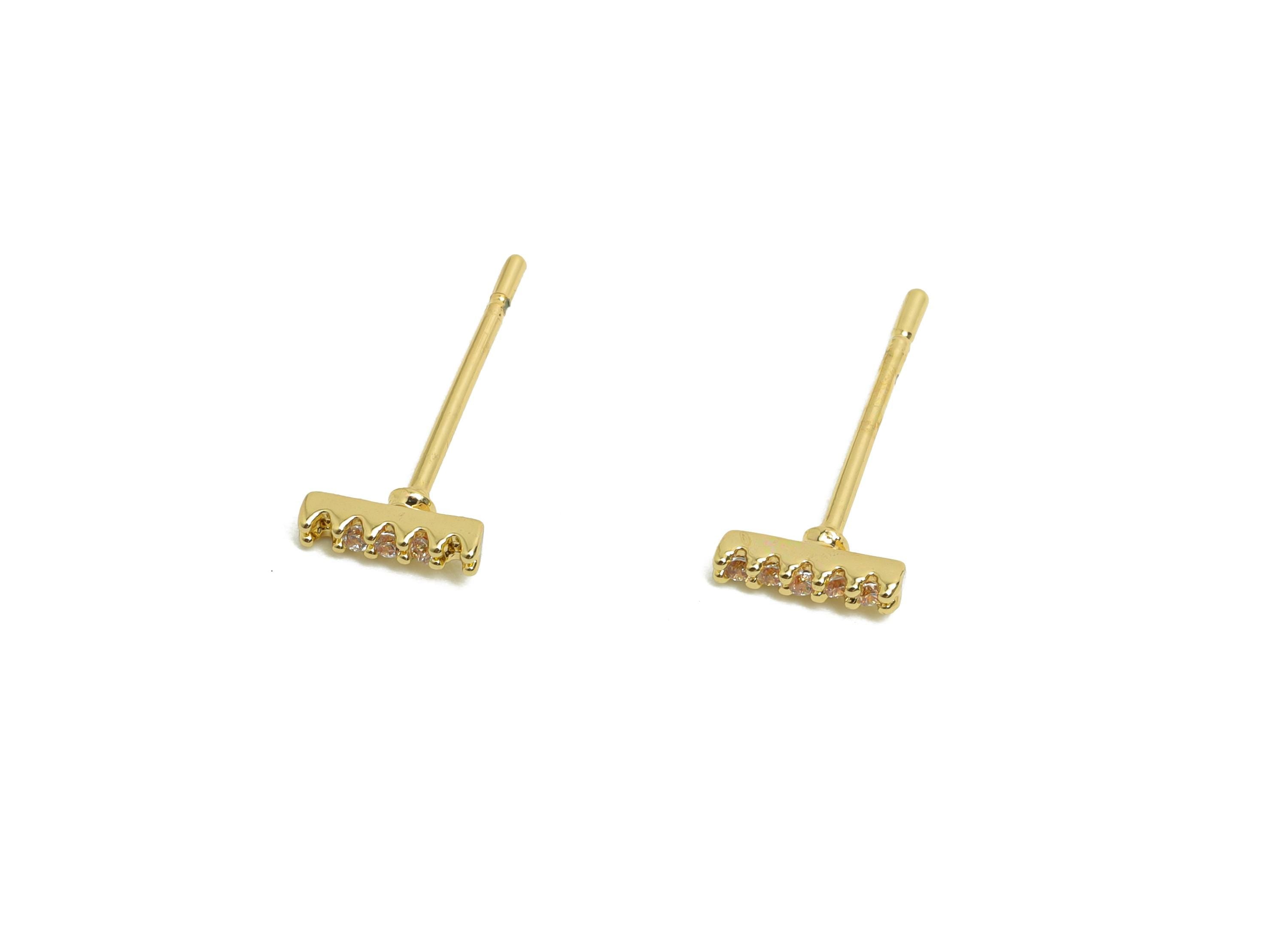 Brass CZ Earring Post - Brass Zircon Earring Stud - Geometry CZ Earring Stud - Gold Jewelry - 18K Real Gold Plating - 14.5x6.4x1mm - RGP8401 - DOMEDBAZAAR