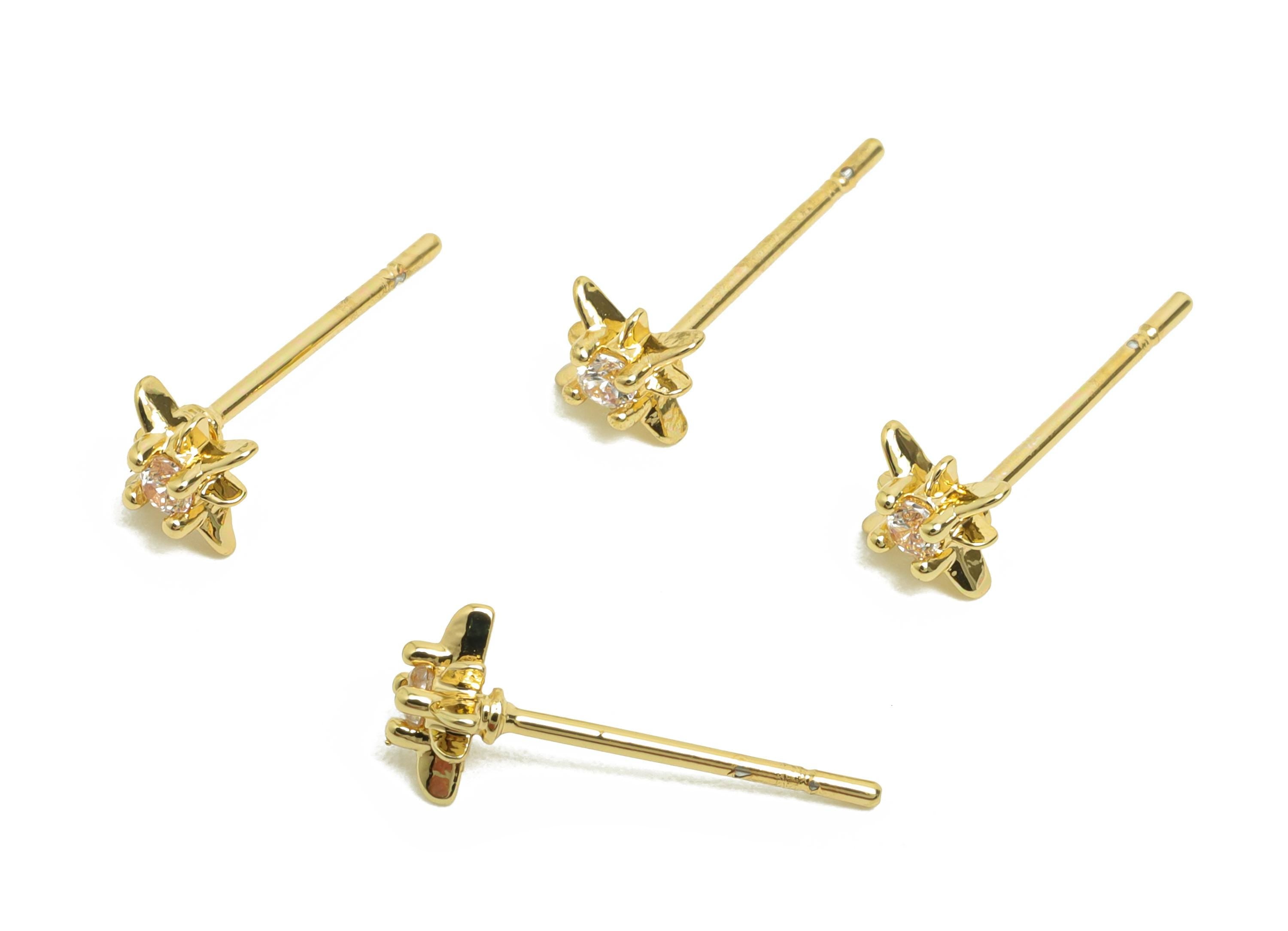 Brass CZ Earring Post - Brass North Star Zircon Earring Stud - Zircon Earring Stud - Gold Jewelry - 18K Real Gold Plating - 14x5x3mm-RGP8408 - DOMEDBAZAAR