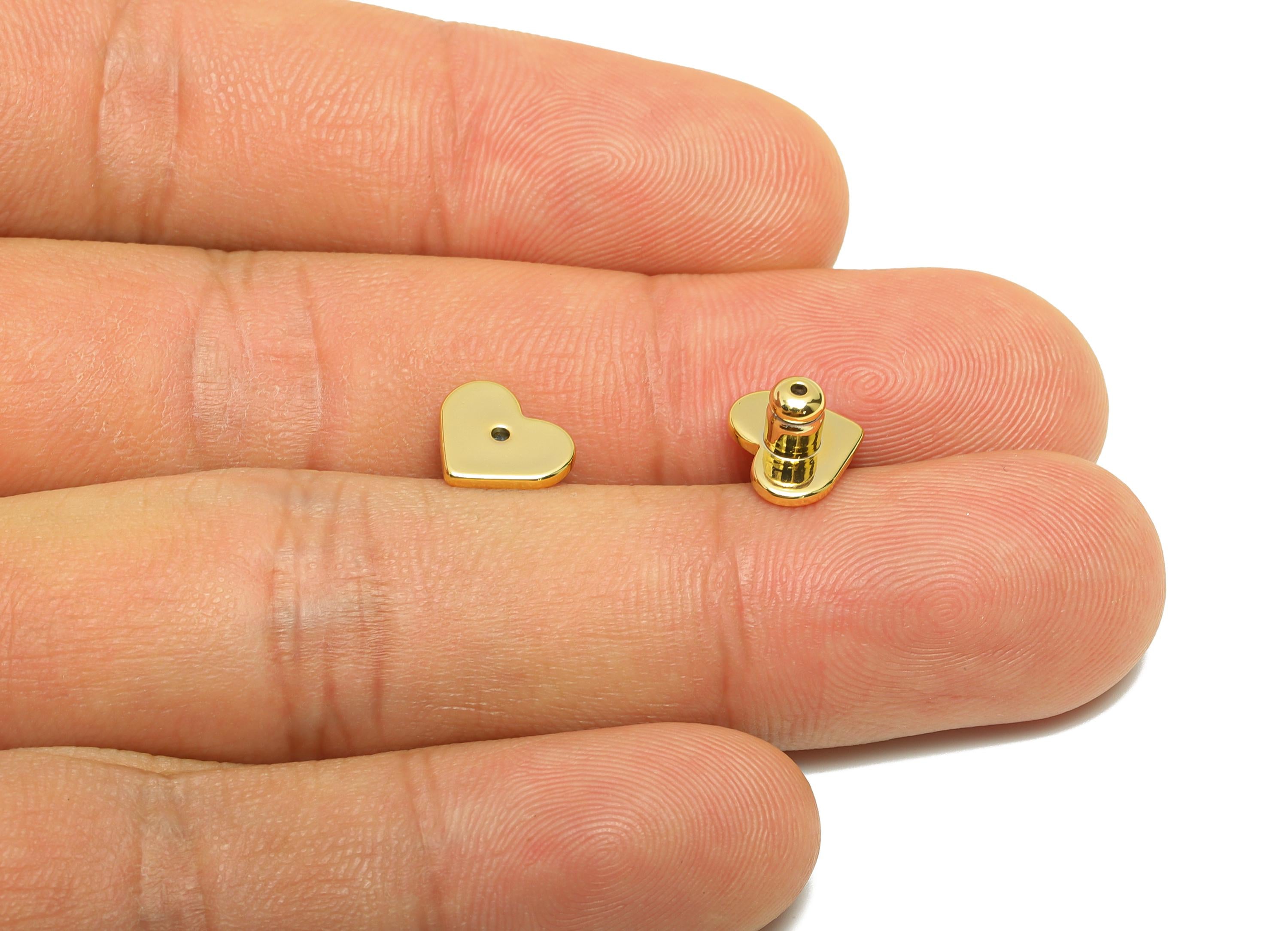 Brass Heart Earring Stopper - Gold Secure Earring Backs - Flat Disc Top Used as Ear Finding - 18K Real Gold Plating - 8.8x7.4x5.4mm- RGP8893 - DOMEDBAZAAR