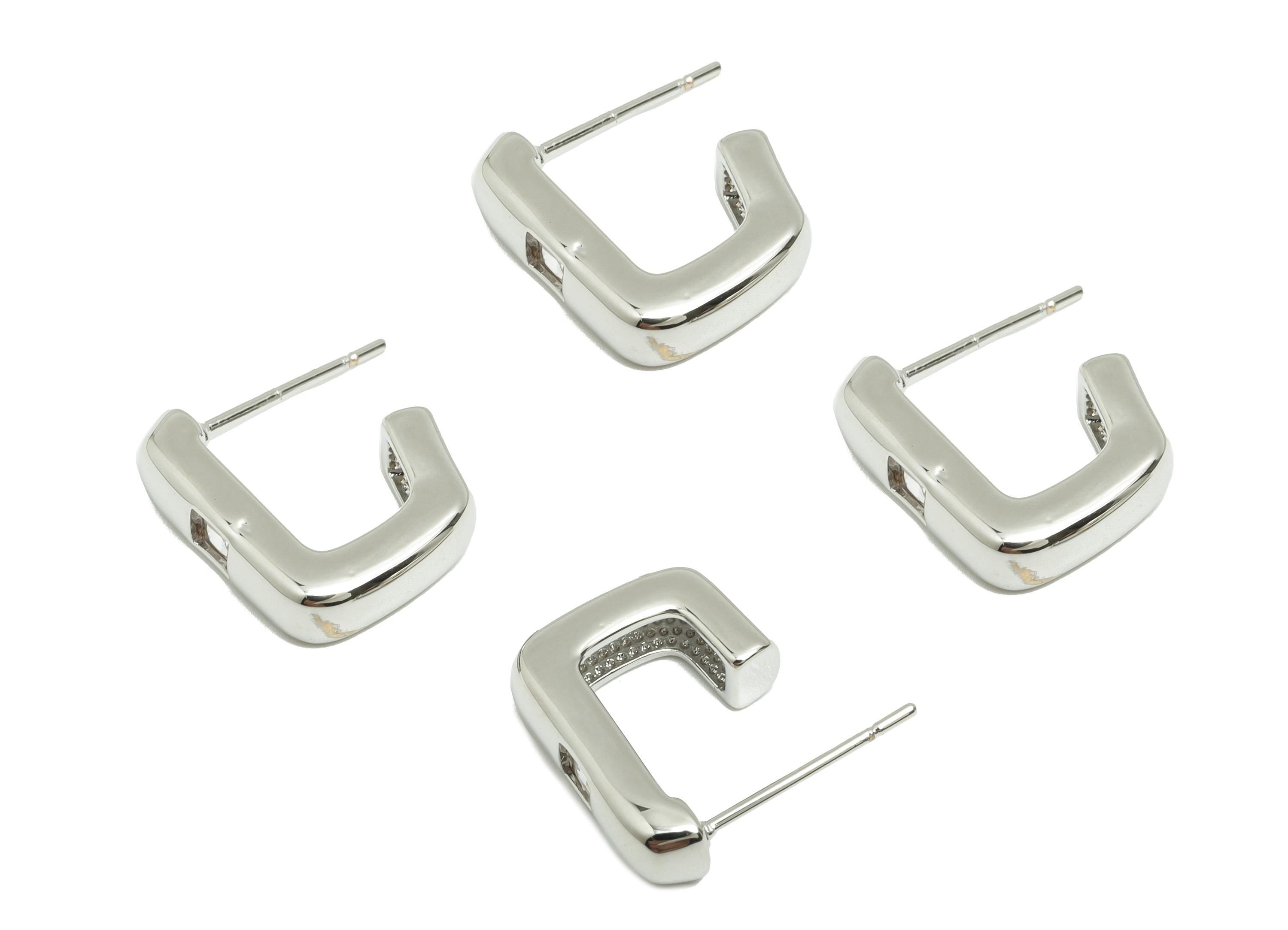 Brass Hoop Earring Stud - Zircon Square Hoop Post - Brass Geometric Chunky Earring - 18k Real White Gold Plated - 14.6x12.47x4mm - RGP10243 - DOMEDBAZAAR