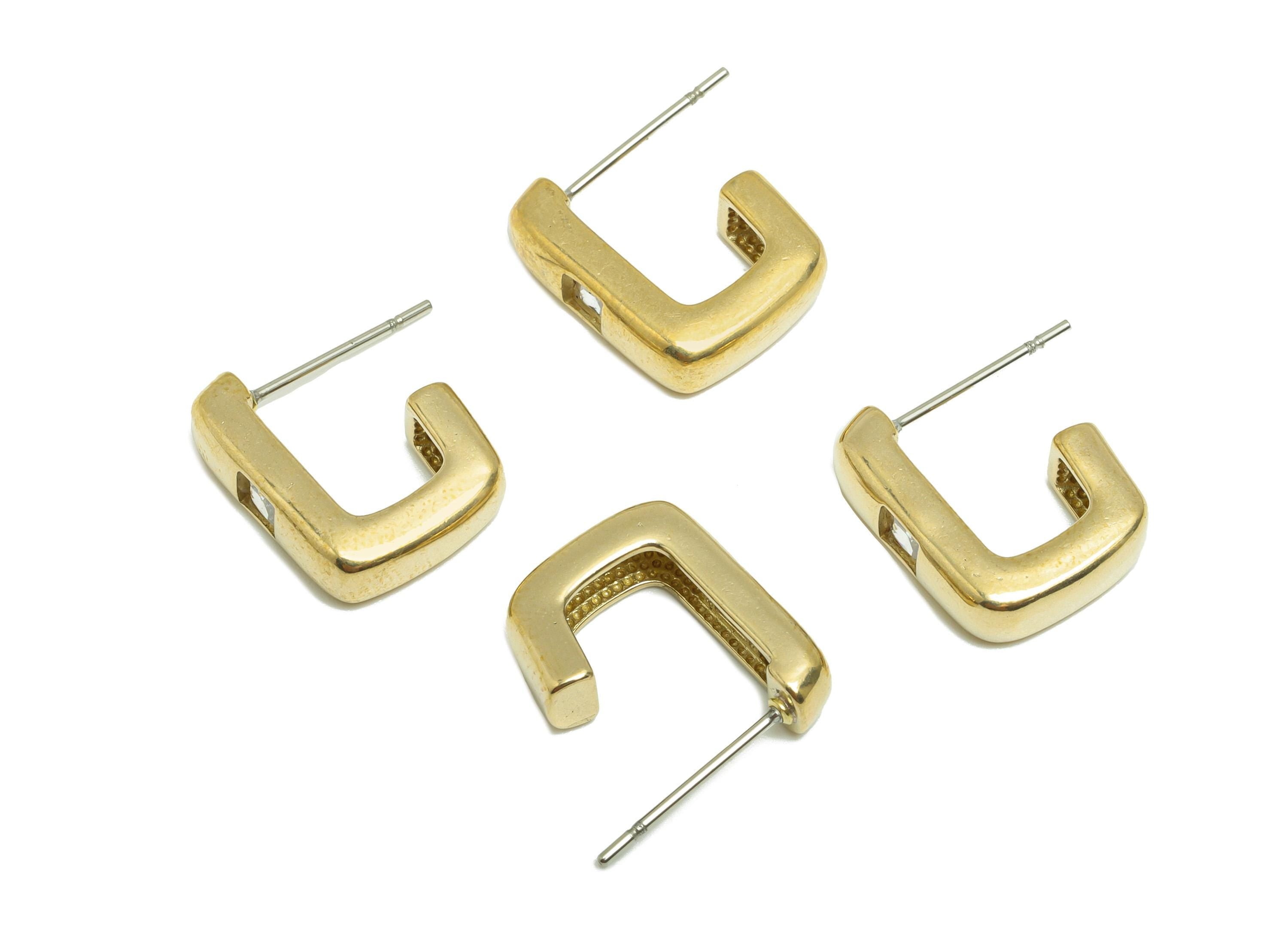Brass Hoop Earring Stud - Raw Brass Zircon Square Hoop Post - Brass Geometric Chunky Earring - Fashion Earring - 14x12x4mm - PP10950 - DOMEDBAZAAR