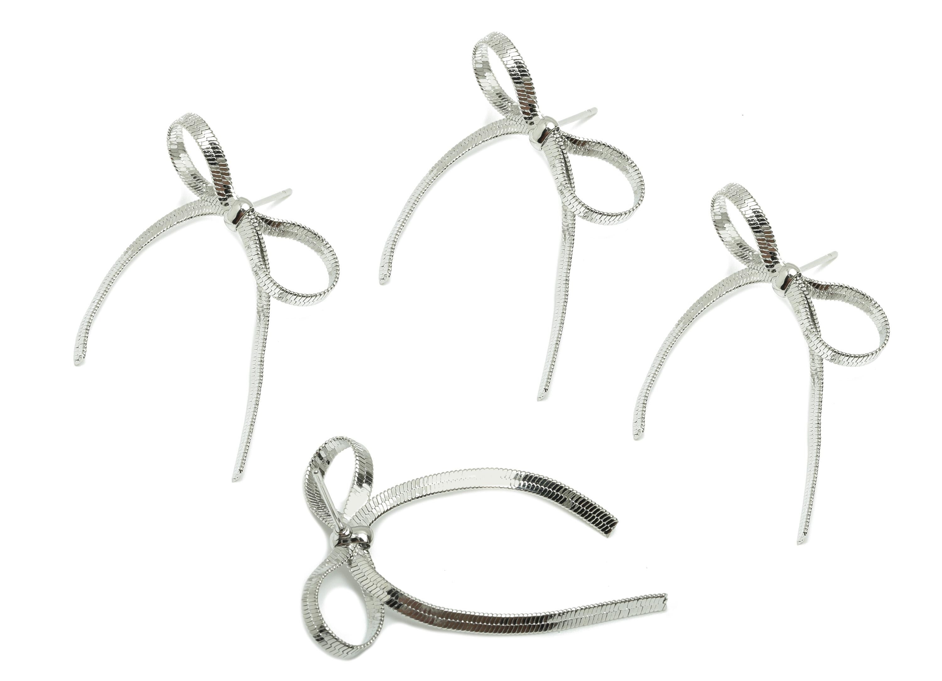 Brass Bow Earring Stud - Brass Chain Bow Earring Post - Brass Ribbon Earring Post - 18k Real White Gold Plating - 38x25x3.4mm - RGP10125 - DOMEDBAZAAR