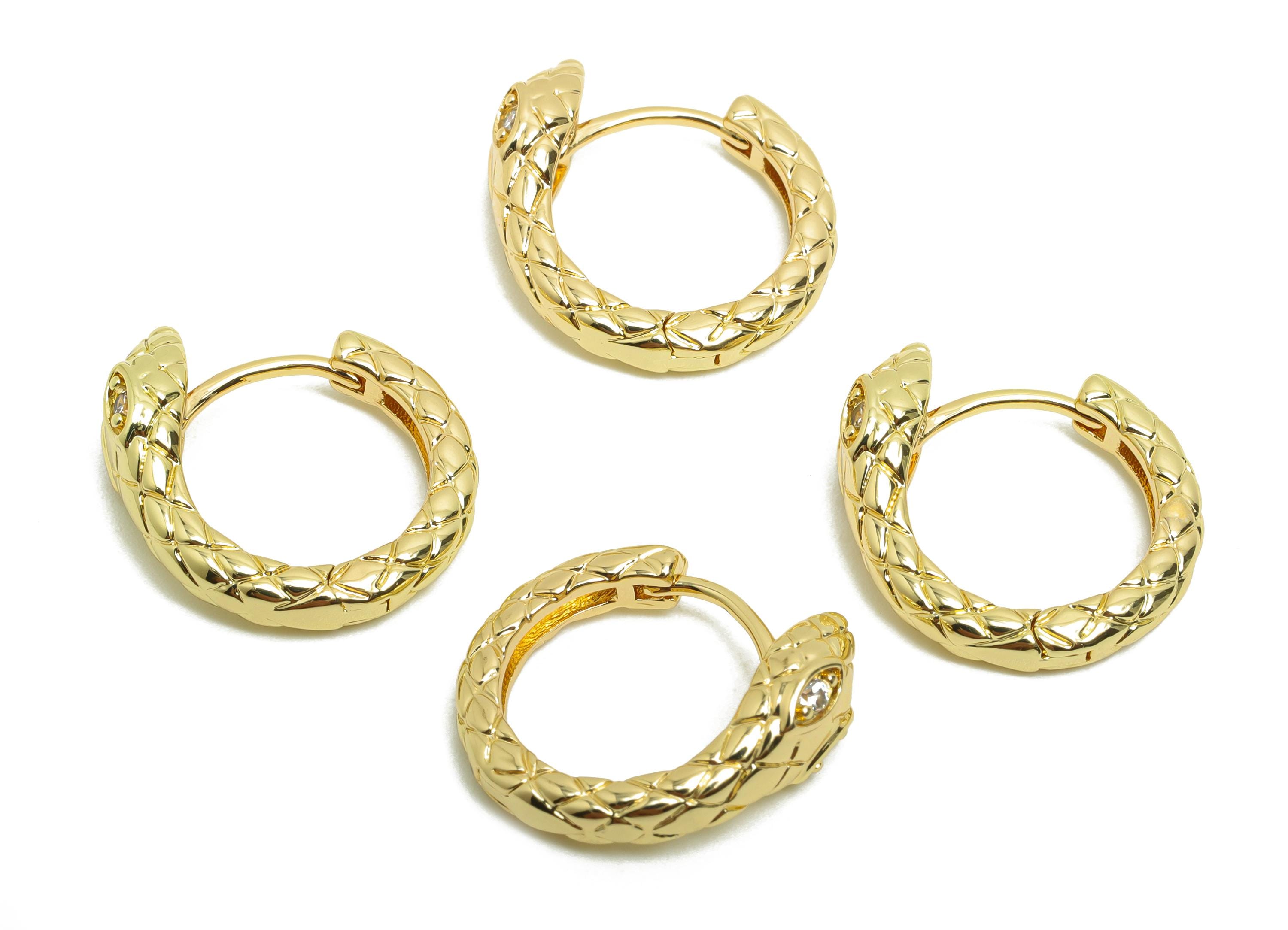 Brass Hoop Earring - Brass Huggie Hoop Earring - Zircon Snake Textured Hoop Earring - Gold Jewelry - 18K Real Gold Plated -18x17x6mm-RGP8410 - DOMEDBAZAAR